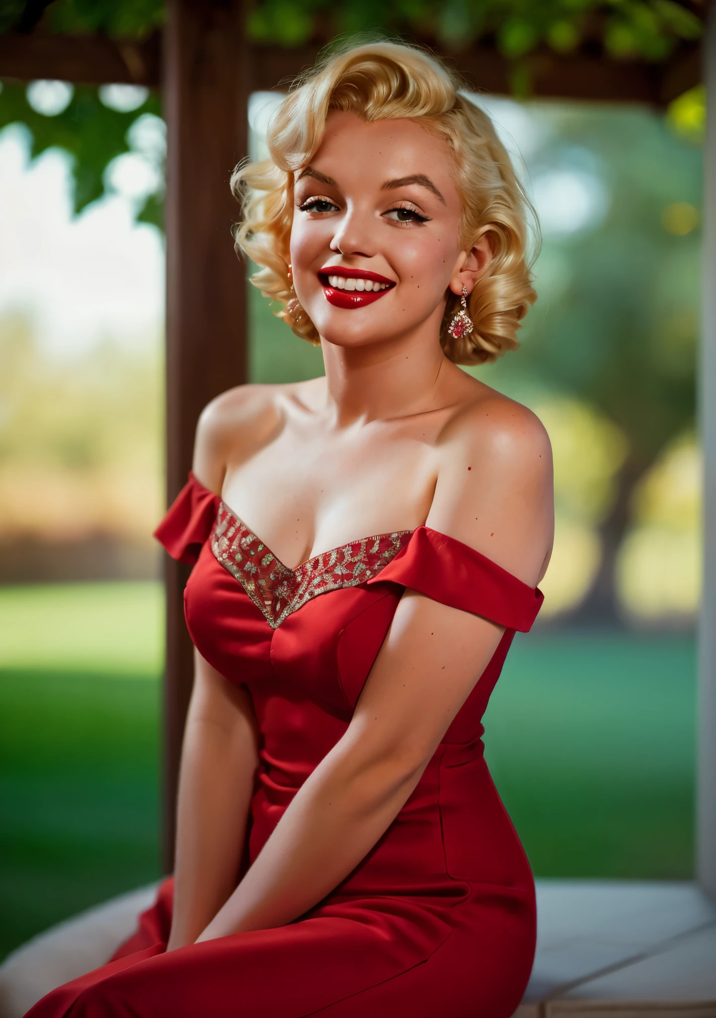 RAW photo, 1woman, portrait of  Marilyn Monroe, thin, wearing off shoulder dress, white spots on red dress, intricate, elegant, highly detailed, depth of field, natural lighting, hard focus, ray traced, (evil smile:1.2), 8k uhd, dslr, soft lighting, high quality, film grain, Fujifilm XT3