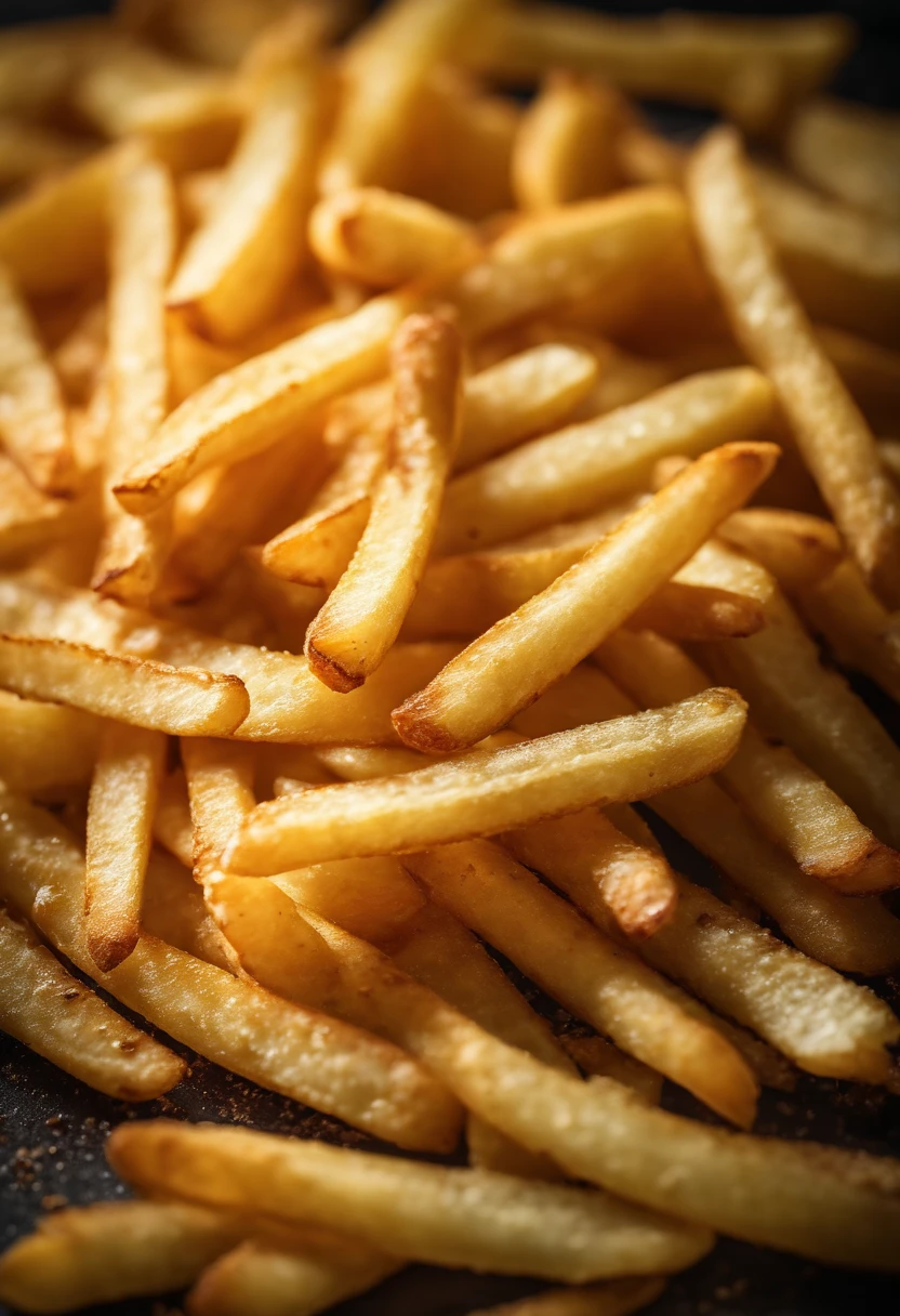 A high-resolution image of a plate of crispy, golden french fries, with the salt crystals glistening on their surface, capturing the irresistible appeal of this classic potato dish