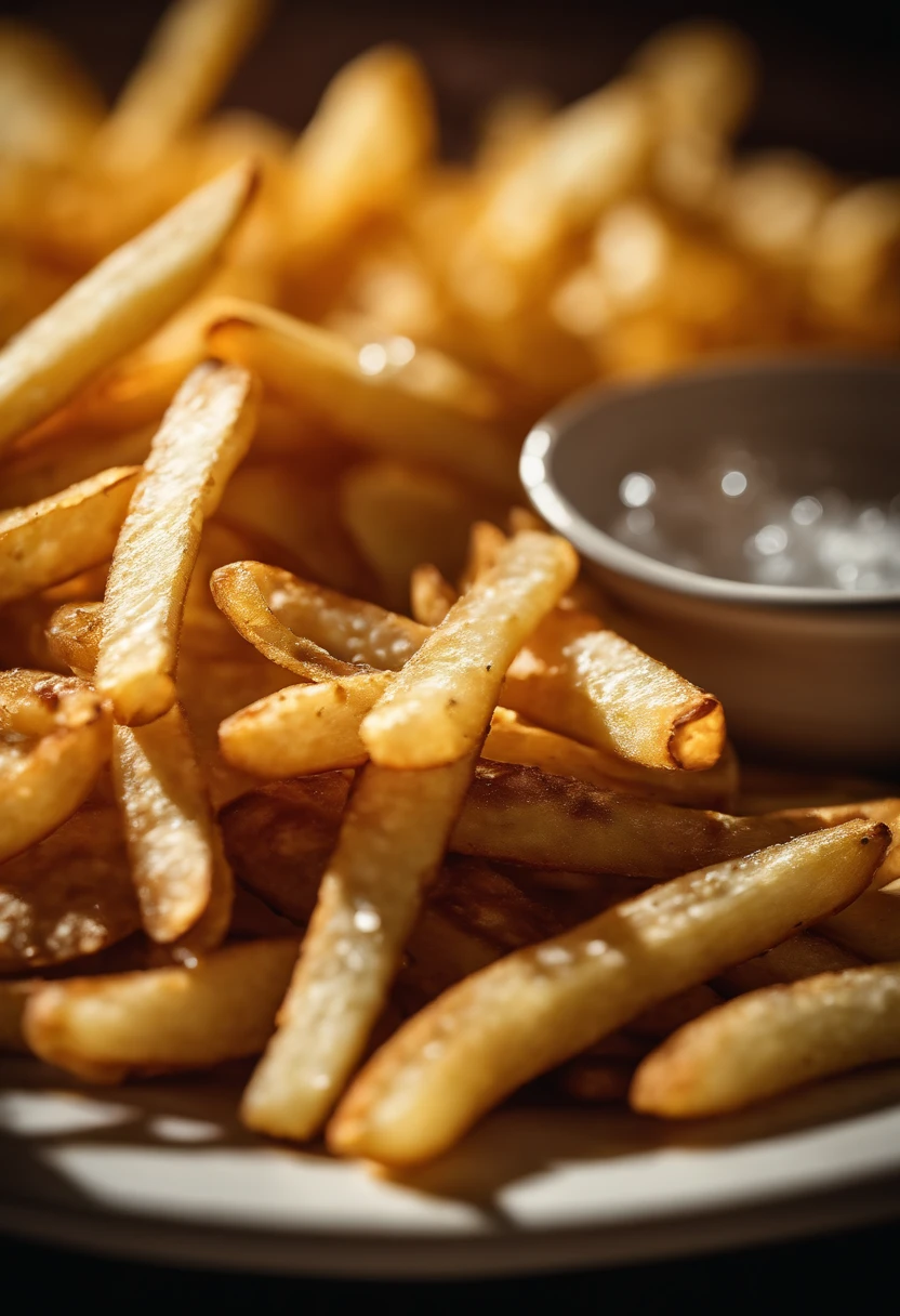 A high-resolution image of a plate of crispy, golden french fries, with the salt crystals glistening on their surface, capturing the irresistible appeal of this classic potato dish