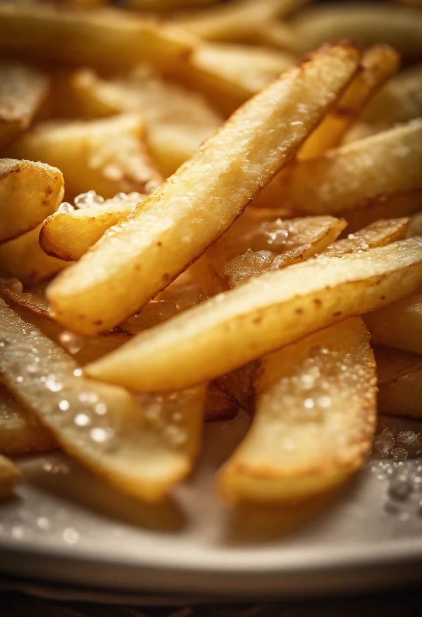 A high-resolution image of a plate of crispy, golden french fries, with the salt crystals glistening on their surface, capturing the irresistible appeal of this classic ato dish