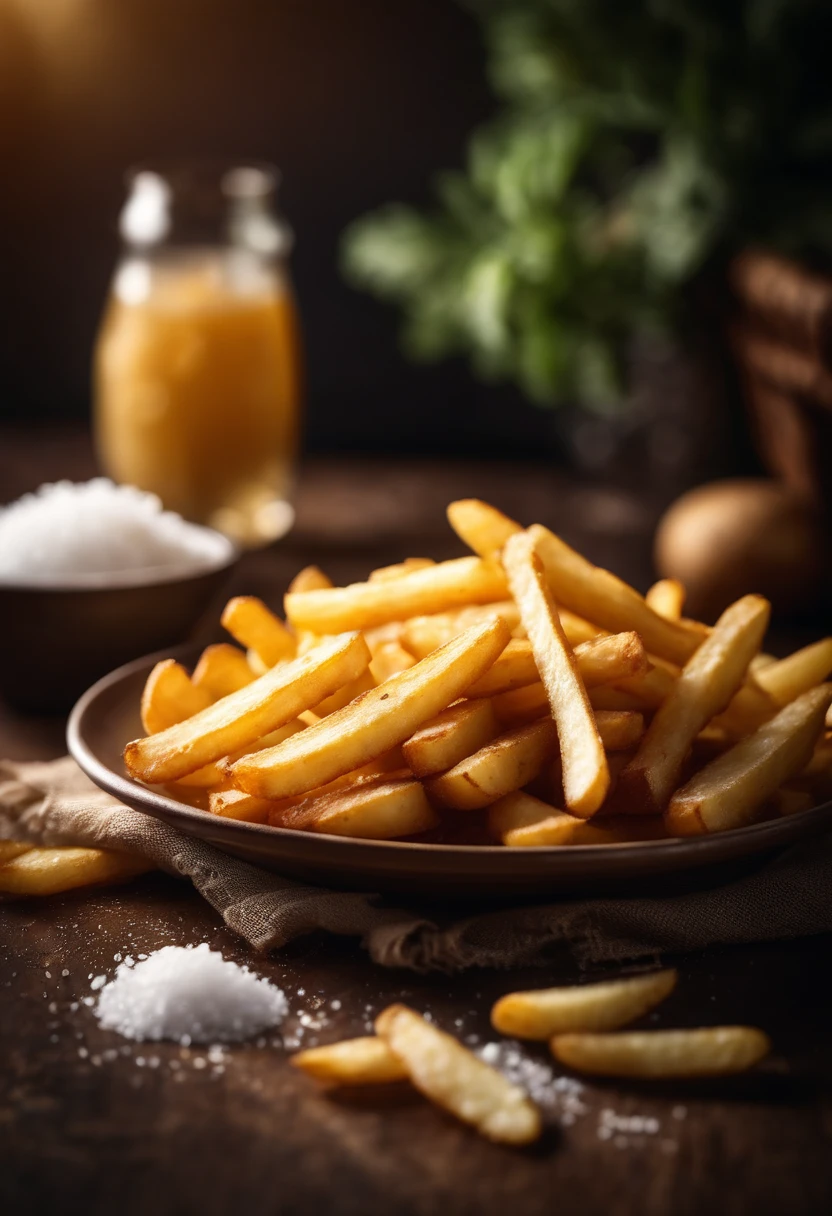 A high-resolution image of a plate of crispy, golden french fries, with the salt crystals glistening on their surface, capturing the irresistible appeal of this classic potato dish
