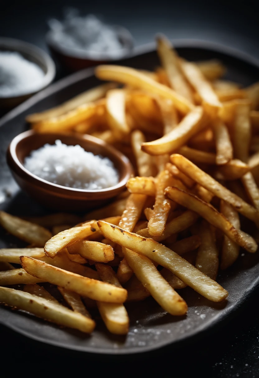 A high-resolution image of a plate of crispy, golden french fries, with the salt crystals glistening on their surface, capturing the irresistible appeal of this classic potato dish