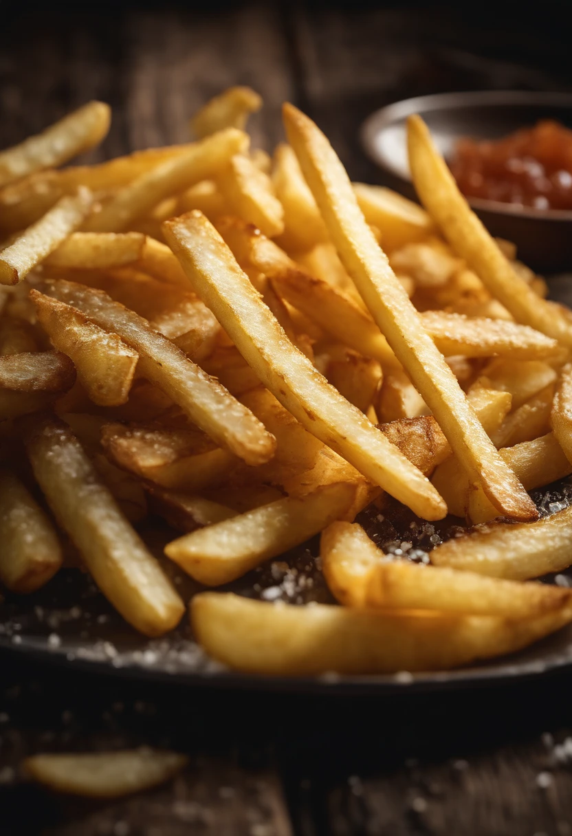 A high-resolution image of a plate of crispy, golden french fries, with the salt crystals glistening on their surface, capturing the irresistible appeal of this classic potato dish