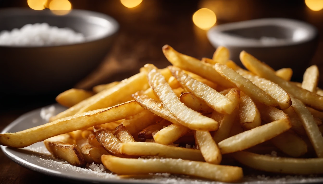 A high-resolution image of a plate of crispy, golden french fries, with the salt crystals glistening on their surface, capturing the irresistible appeal of this classic potato dish
