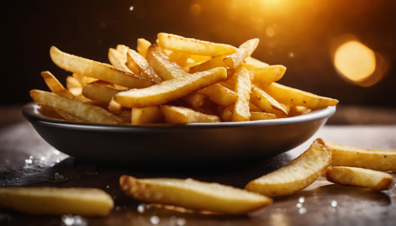 A high-resolution image of a plate of crispy, golden french fries, with the salt crystals glistening on their surface, capturing the irresistible appeal of this classic potato dish