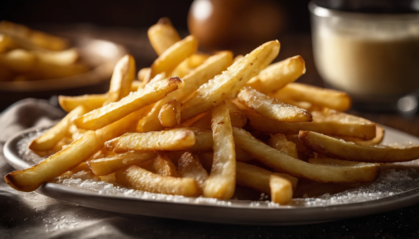 A high-resolution image of a plate of crispy, golden french fries, with the salt crystals glistening on their surface, capturing the irresistible appeal of this classic potato dish