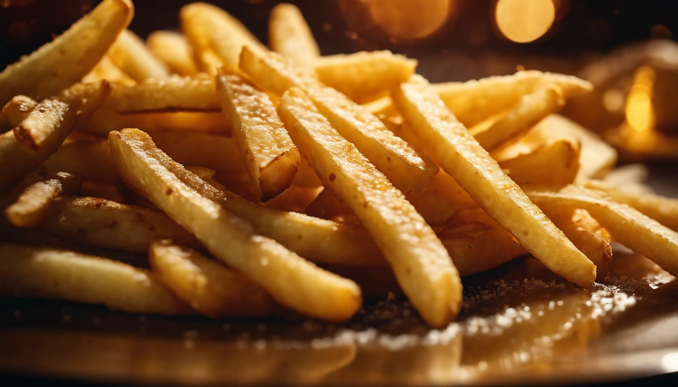 A high-resolution image of a plate of crispy, golden french fries, with the salt crystals glistening on their surface, capturing the irresistible appeal of this classic potato dish