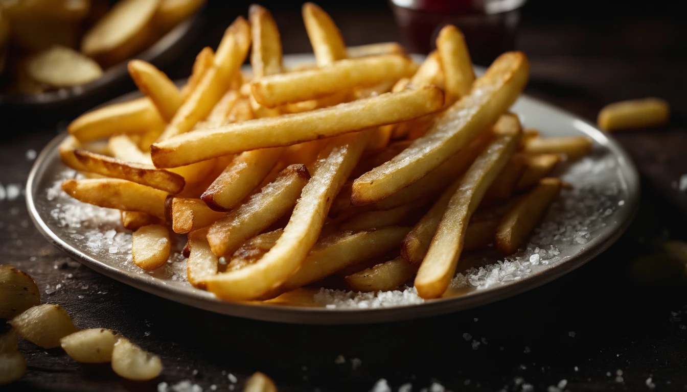 A high-resolution image of a plate of crispy, golden french fries, with the salt crystals glistening on their surface, capturing the irresistible appeal of this classic potato dish