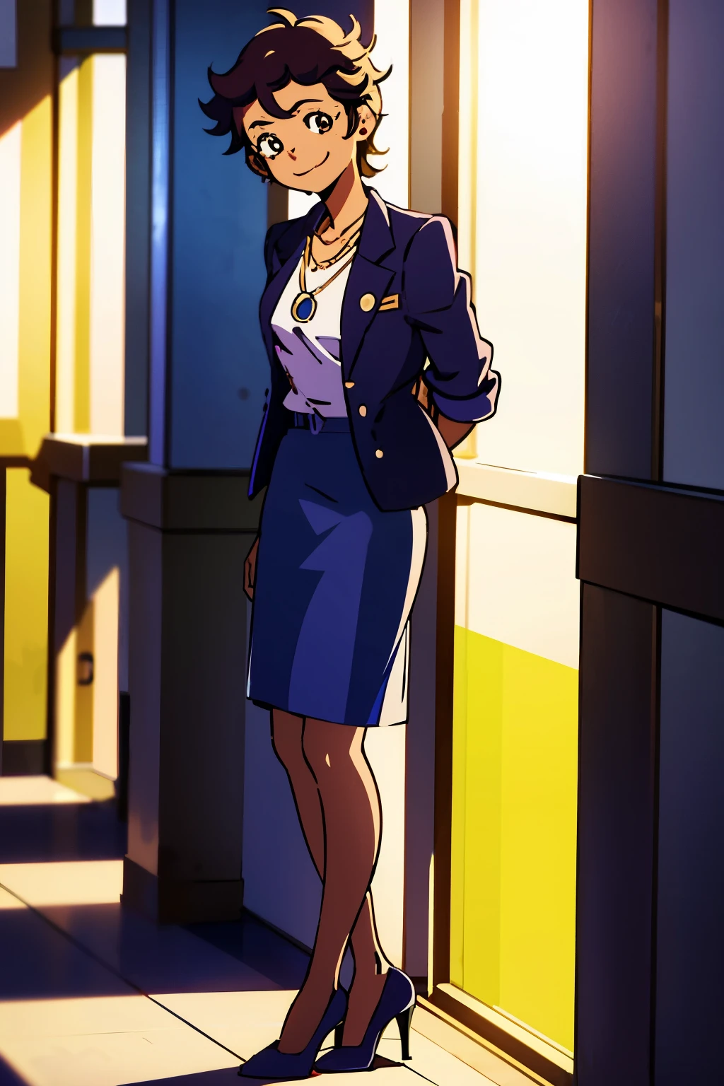 flat chest, skinny, 1girl,closed_mouth,smile,looking_at_viewer,blue blazer, blue pencil skirt, high heels, behind back, smiling, office,  luz, short hair, luz_timeskip, brown eyes, brown hair, short hair, earrings, jewelry, dark skin,