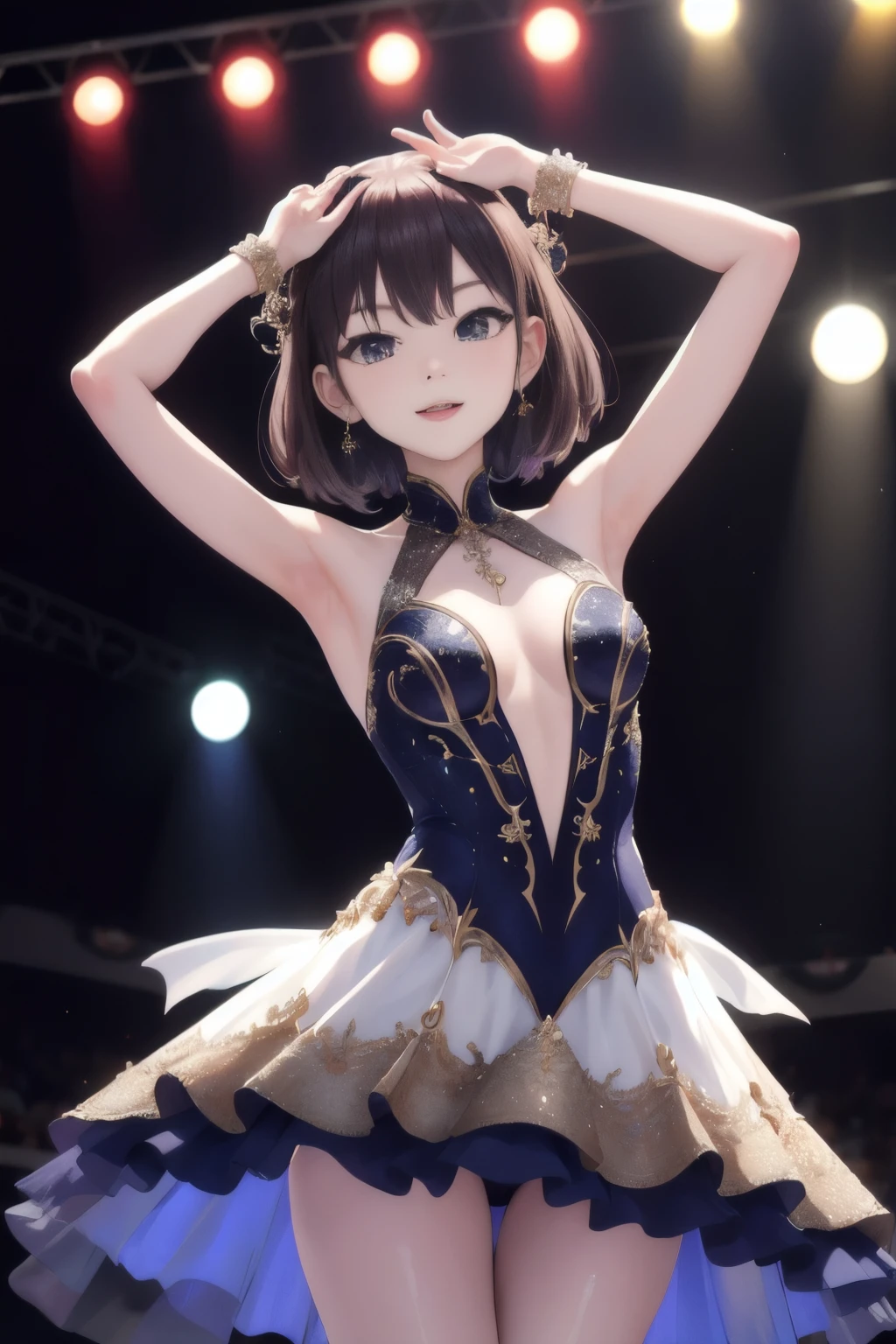 top-quality、hight resolution, figure skating dress costume women、Slender Line、Looks like a model, Skating Ring、Photo 1 seen from below:1