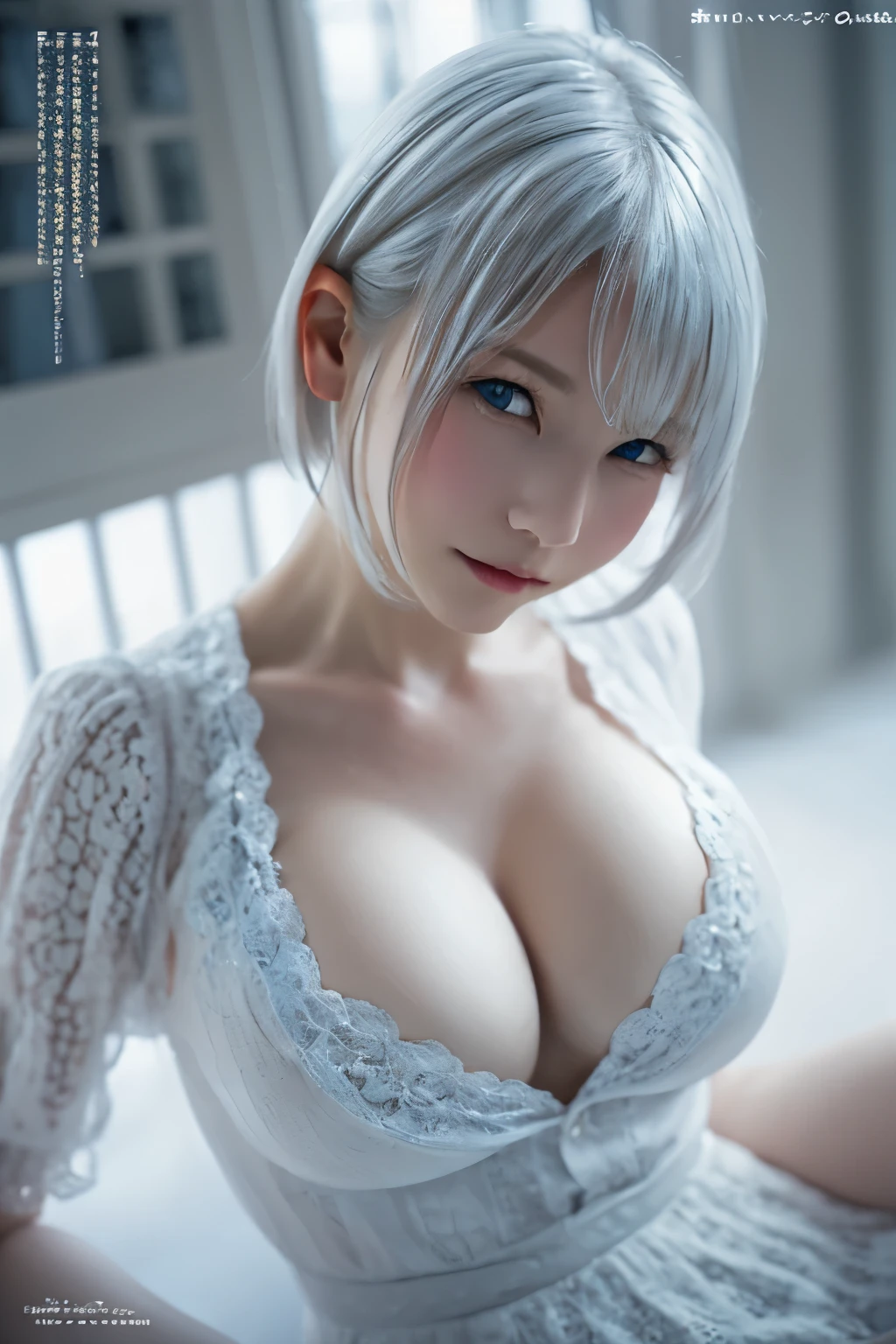 ((High quality)),masutepiece,(Detailed depiction of local details:1.2),1girl in,Blue eyes,large full breasts、cleavage of the breast、,Closed mouth,Eyelashes,Looking at Viewer,Portrait,Solo,Upper body,White hair,White theme,Short hair,Silver hair,Yorha No. 2 Type B,NSFW,