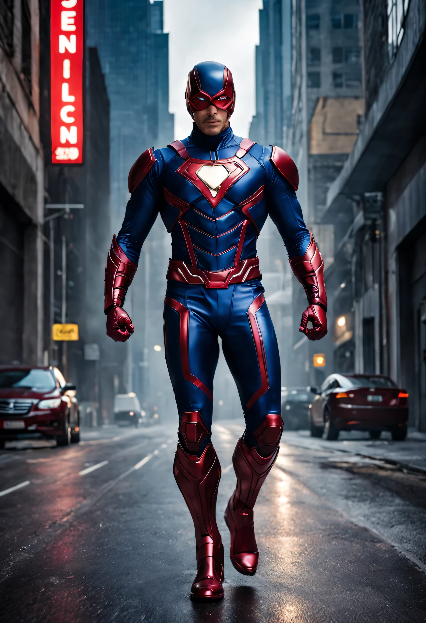 A stylish, futuristic superhero costume, each element exudes power and vibration: a form-fitting design adorned with striking metallic armor plates that glow with contagious energy. As cores ricas combinam perfeitamente, featuring a combination of deep royal blues and vibrant reds. The costume fabric looks perfect and technologically advanced, exuding an aura of strength and invincibility. This breathtaking image, portrayed in a high-resolution photograph, captures the impeccable craftsmanship and attention to detail needed to create this inspiring superhero set.