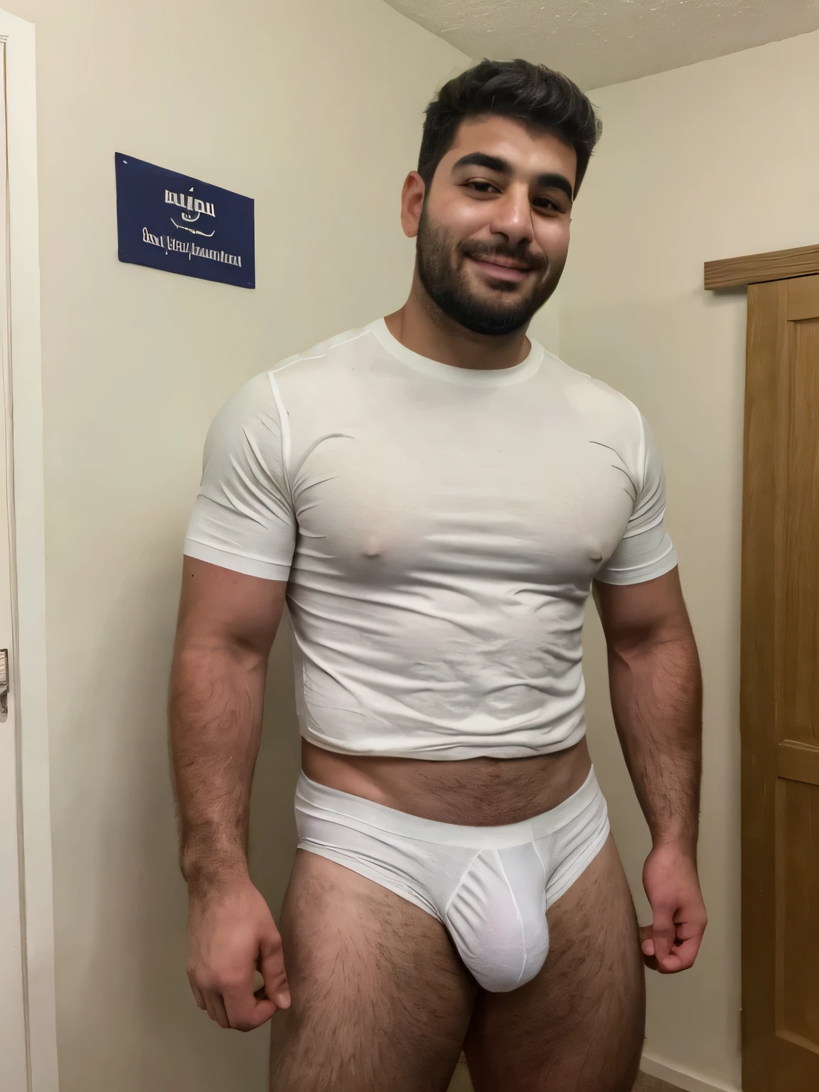 kurdish college student in his dorm room, wearing a shirt and white briefs, huge pecs, gigantic pecs, hung, big bulge