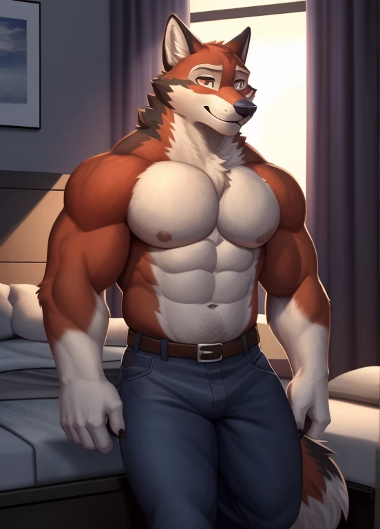 Red Fox, braune Augen, geschlossener Mund, male focus, schwarzes Fell, orangefarbenes Fell, rotes Fell, auf dem Bett sitzen, full entire body, muscular, muscular male, Hose, Jeans, belts, oben ohne,von zackarry911, von zaush, (von Personalami:0.5), Zootopia-Stil, (Die Geschichte von Maple:0.7), (Weiche Schattierung), 4K, Hallo nichts, dunkles Thema, Wolfsschwanz, flush, hairy, sixpack, hot, daddy