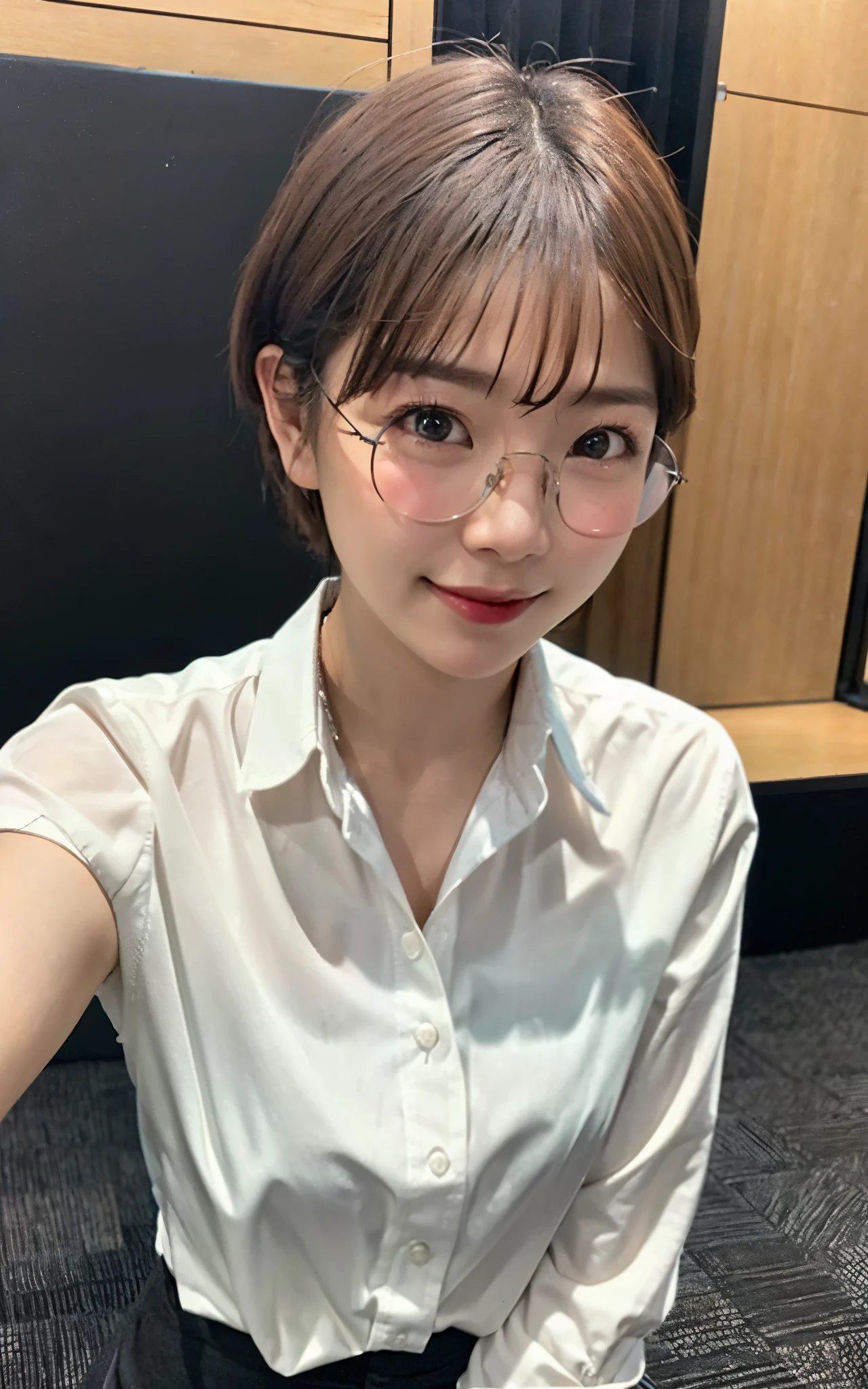 (Best Quality, Masterpiece, Photo realistic, Ultra Detailed, ultra high res, raw:1.3),cinematic lighting, 1girls, pretty, Japanese, smile, very short bowl cut hair, (small breasts),large (groin:1.3), loose white T-shirt, lowrise skinny jeans, (sneaker, beautiful legs, full body), main street, from below,no bra, braless,(Glasses:1.3),