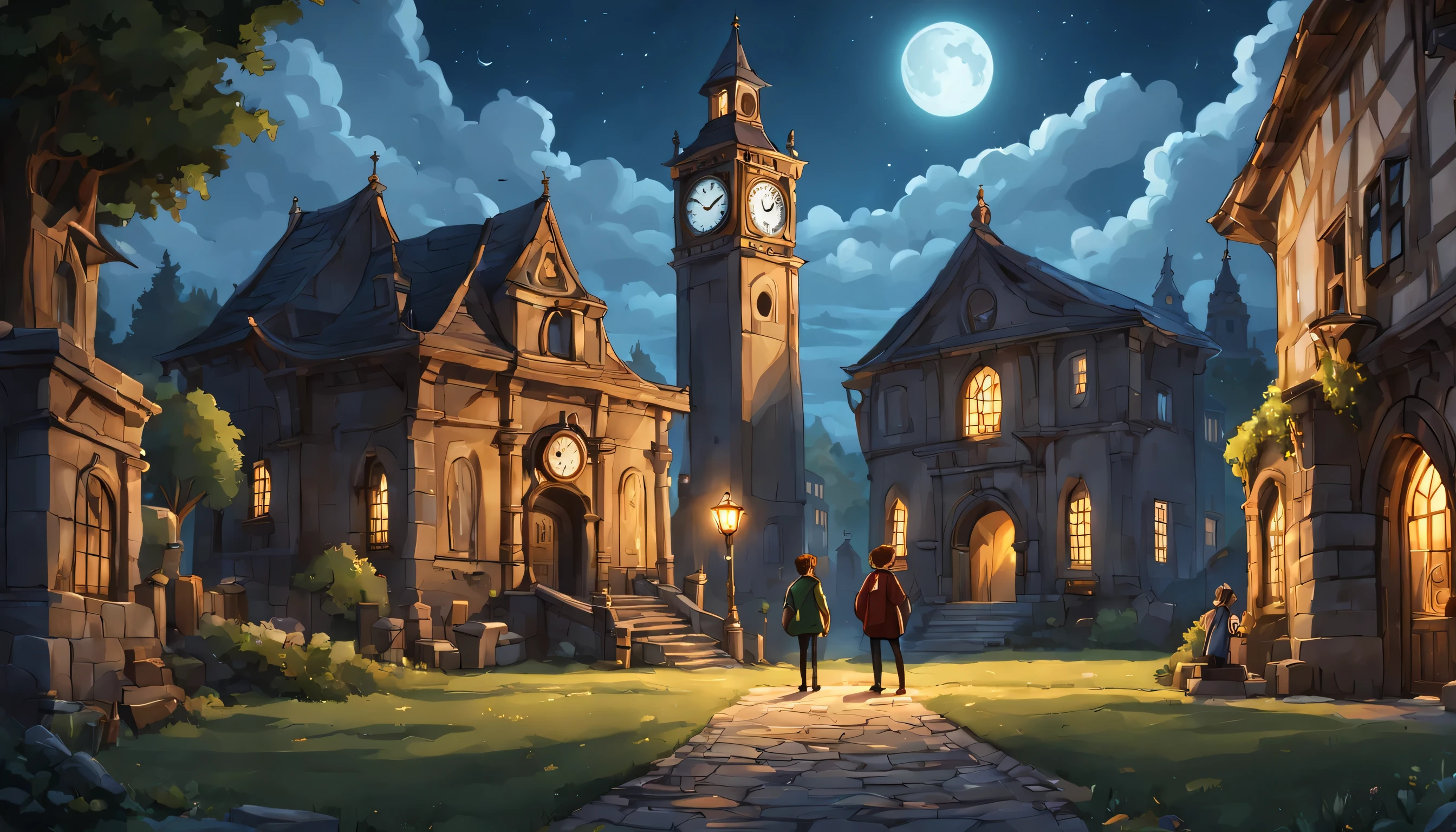Magical town with giant clocks, in middle Jake and Tyler standing near ancient clocktower with shinning portal. details illuminated by the midnight glow, scene from back