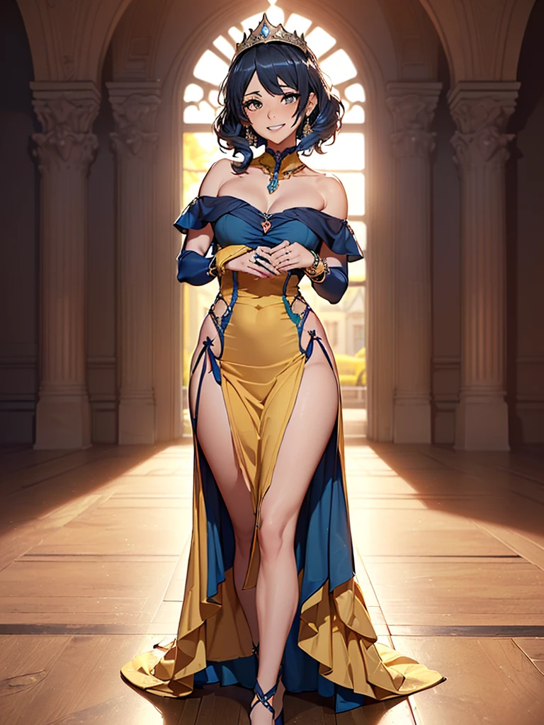 Beautiful bluish black hair woman is shown to have a athletic figure, she is wearing a beautiful sexy dress, jewelry, blue eyes, white headband, girl standing in a gala ballroom, sexy session, putting her hands on her waist, poseing, exposed cleavage, cowboy shot, superior quality, many details, realistic