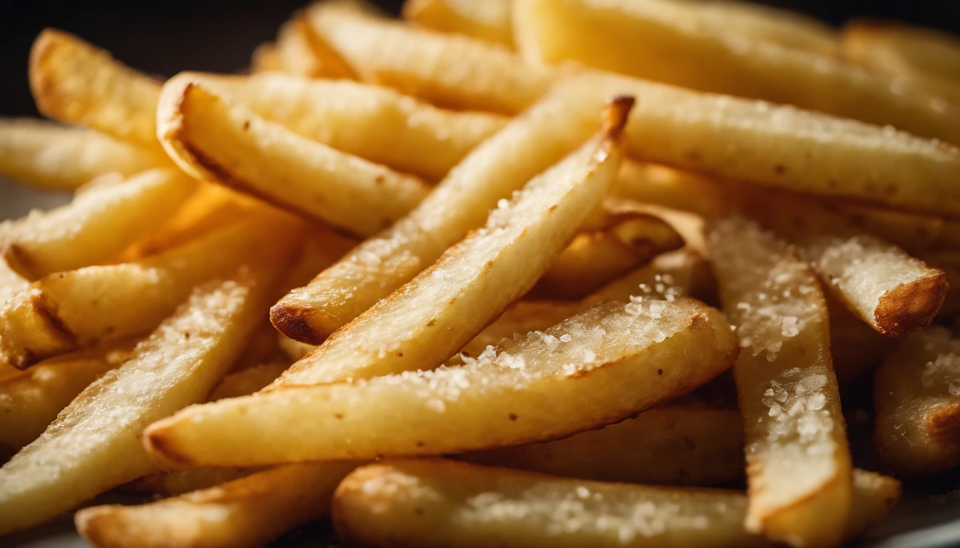 A high-resolution image of a plate of crispy, golden french fries, with the salt crystals glistening on their surface, capturing the irresistible appeal of this classic potato dish