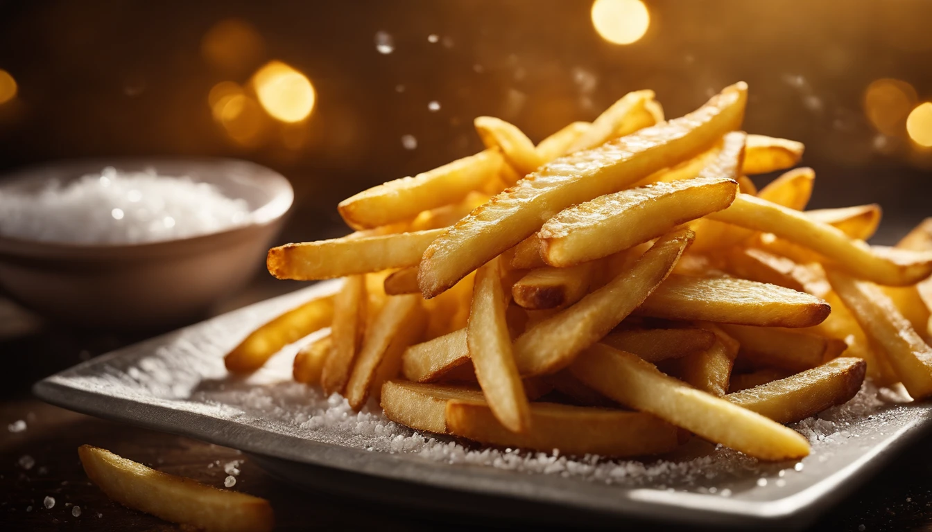 A high-resolution image of a plate of crispy, golden french fries, with the salt crystals glistening on their surface, capturing the irresistible appeal of this classic potato dish