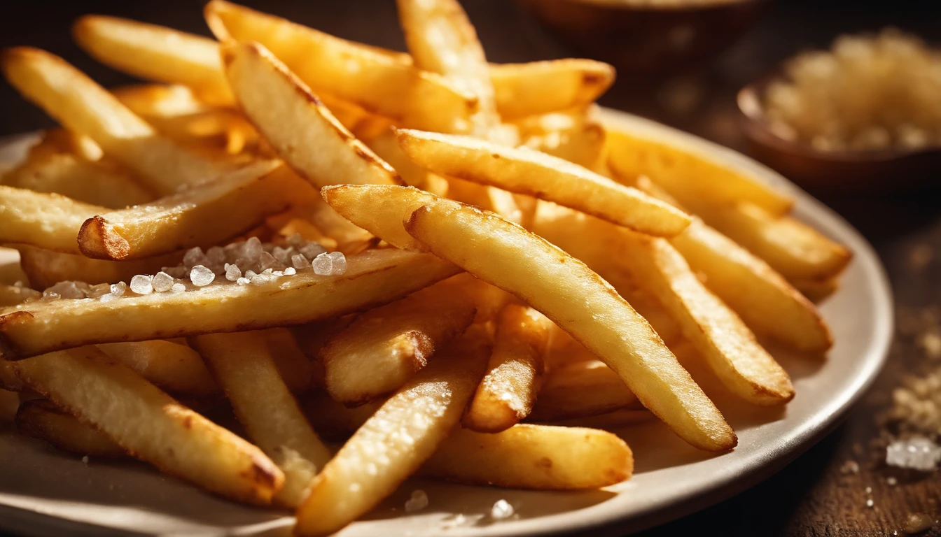 A high-resolution image of a plate of crispy, golden french fries, with the salt crystals glistening on their surface, capturing the irresistible appeal of this classic potato dish