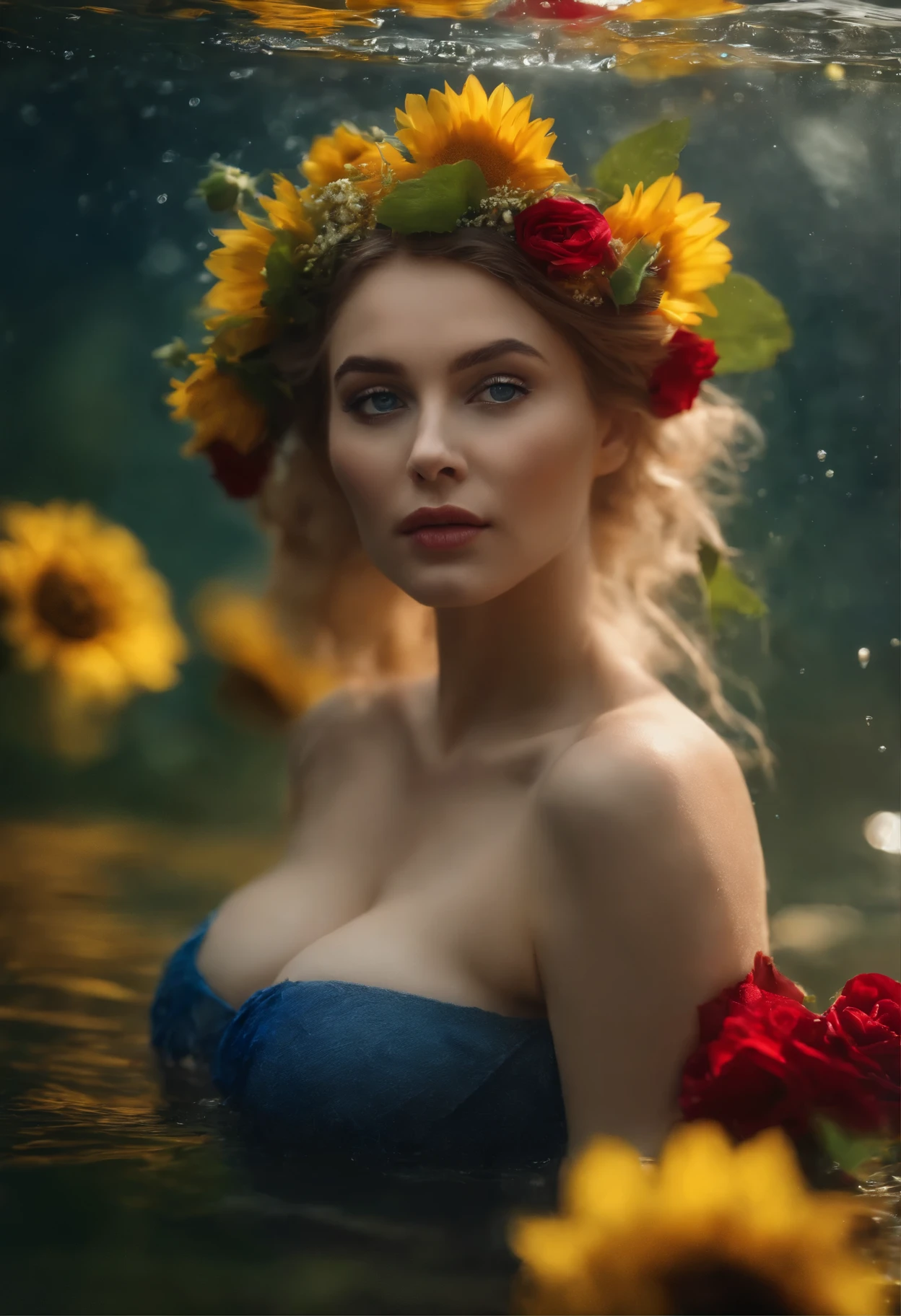 ((top-quality, 8K)), (Realistic), (Face Focus: 1.1), (Yellow,red, blue,green: 1.3), ukrainian woman in a dress that is in the water, closeup fantasy with water magic, fine art fashion photography, monia merlo, inspired by irakli nadar, inspired by Franz Xaver Winterhalter, with blooming flowers around her, inspired by Tatiana Hordiienko, jean-sebastien rossbach, karol bak uhd, vynok. ukrainan flower headband, sunflowers, vyshyvanka dress, pom-poms, roses, dreamy, (seductive), (erotic), (huge breasts:1.5),big chest,well-rounded figure, no bra, (open chest) , topless,(water bloom), (delicate glow), (breeze), (open chest)