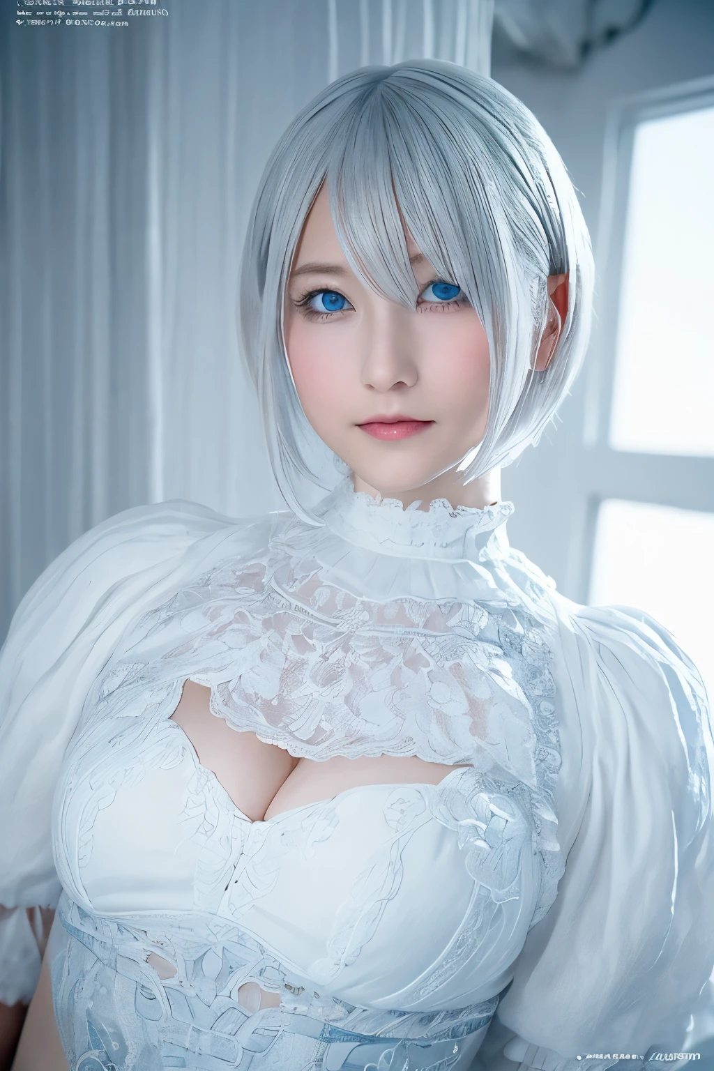 ((High quality)),masutepiece,(Detailed depiction of local details:1.2),1girl in,Blue eyes,(Plump breasts:1/3),Enchanted Valley,Closed mouth,Eyelashes,Looking at Viewer,Portrait,Solo,Upper body,White hair,White theme,Short hair,Silver hair,Yorha No. 2 Type B,