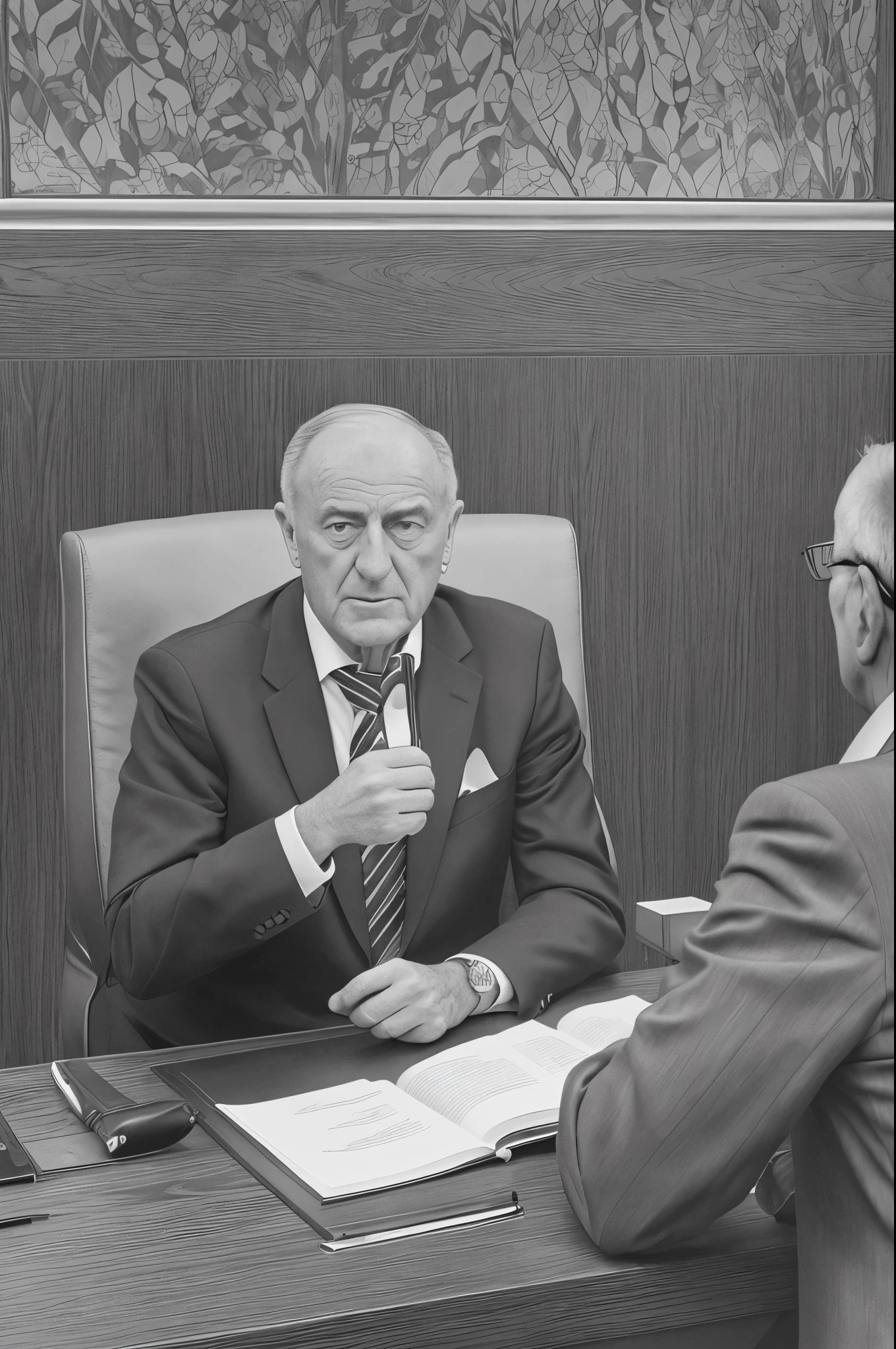 Create an image that shows the meeting between representatives of FC Barcelona and Alfredo Di Stéfano. cara del representante del barcelona molesto y di estefano preocupado --auto --s2