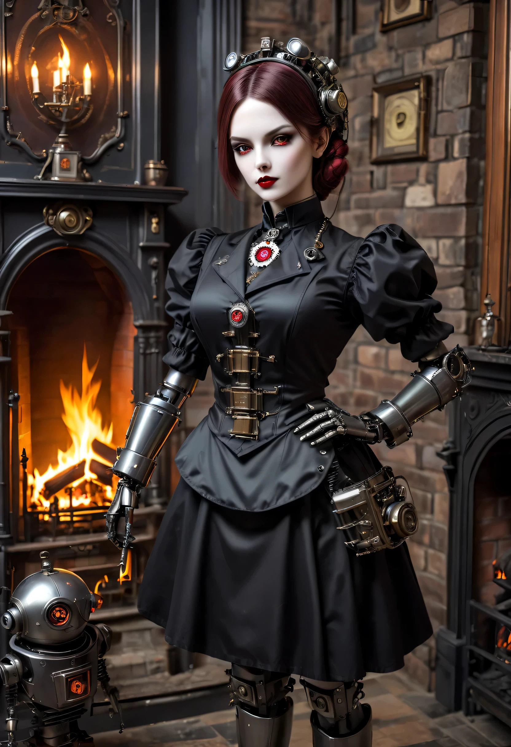 cybernetic female vampire,Female vampire robot butler, Metal mechanical surface,Mechanical joint,Female robot wearing housekeeper uniform,Female robot housekeeper is responsible for handling various household chores with fireplace in the background,sofe,Victorian style, steampunc,