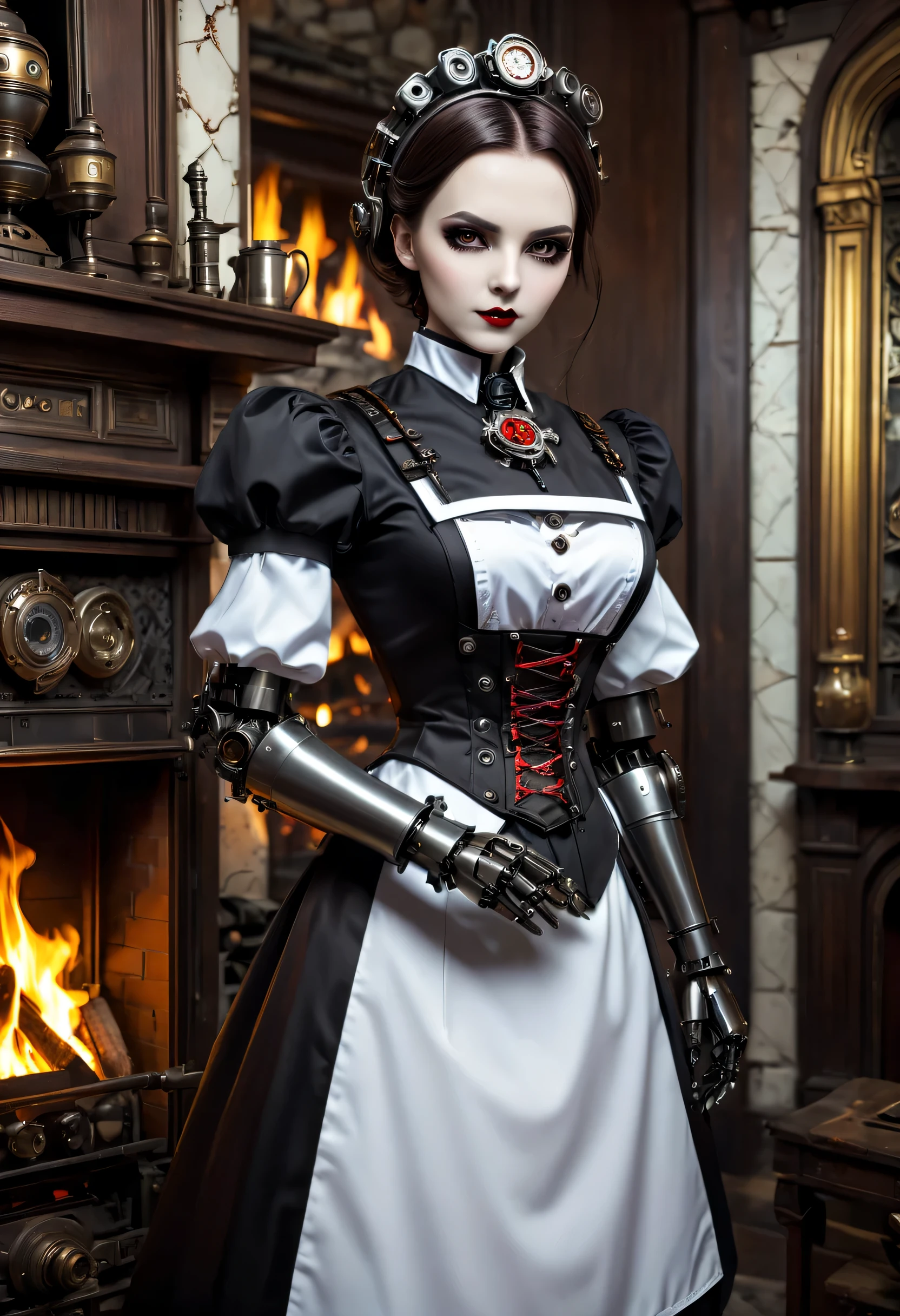 cybernetic female vampire,Female vampire robot butler, Metal mechanical surface,Mechanical joint,Female robot wearing housekeeper uniform,Female robot housekeeper is responsible for handling various household chores with fireplace in the background,sofe,Victorian style, steampunc,