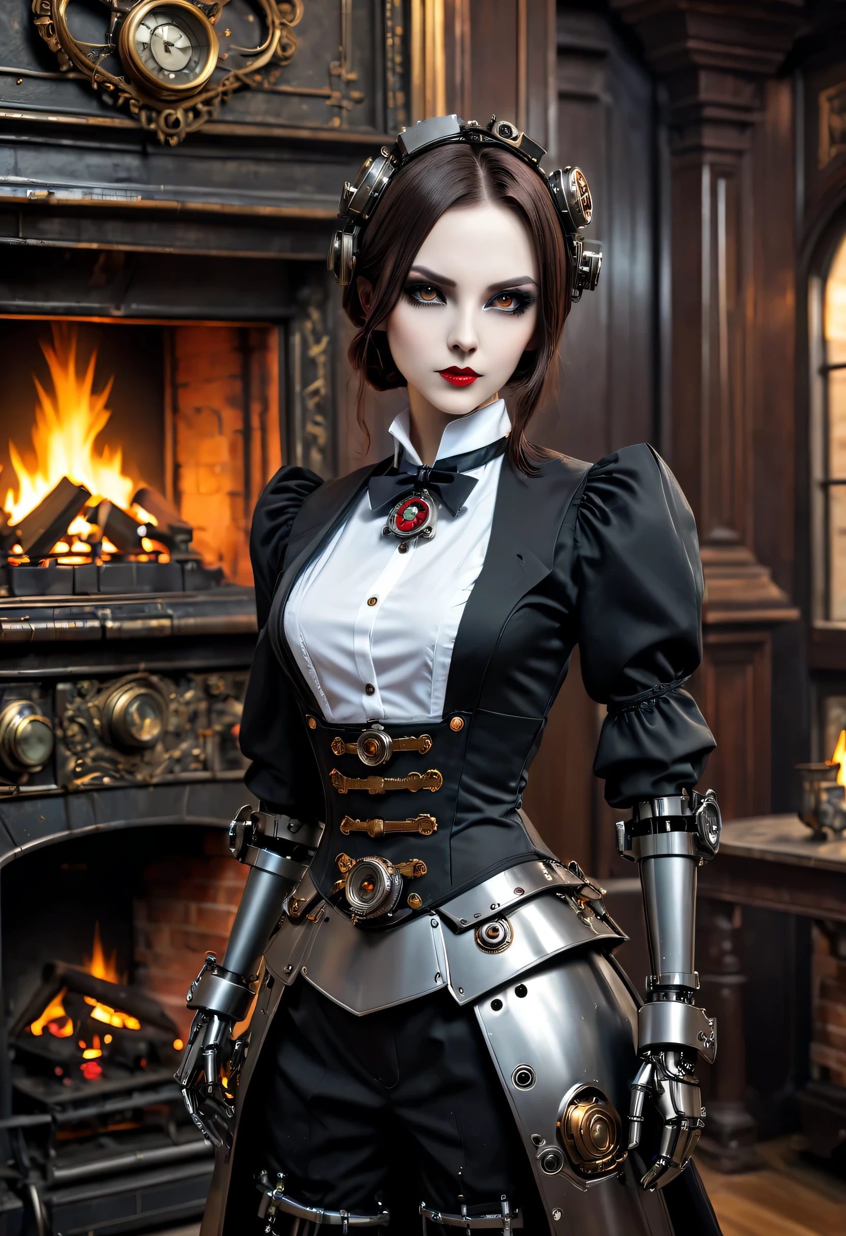 cybernetic female vampire,Female vampire robot butler, Metal mechanical surface，Mechanical joint，Female robot wearing housekeeper uniform,Female robot housekeeper is responsible for handling various household chores with fireplace in the background，sofe，Victorian style, steampunc,