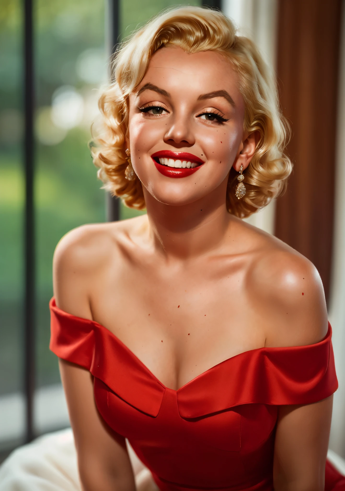 RAW photo, 1woman, portrait of  Marilyn Monroe, thin, wearing off shoulder dress, white spots on red dress, intricate, elegant, highly detailed, depth of field, natural lighting, hard focus, ray traced, (evil smile:1.2), 8k uhd, dslr, soft lighting, high quality, film grain, Fujifilm XT3