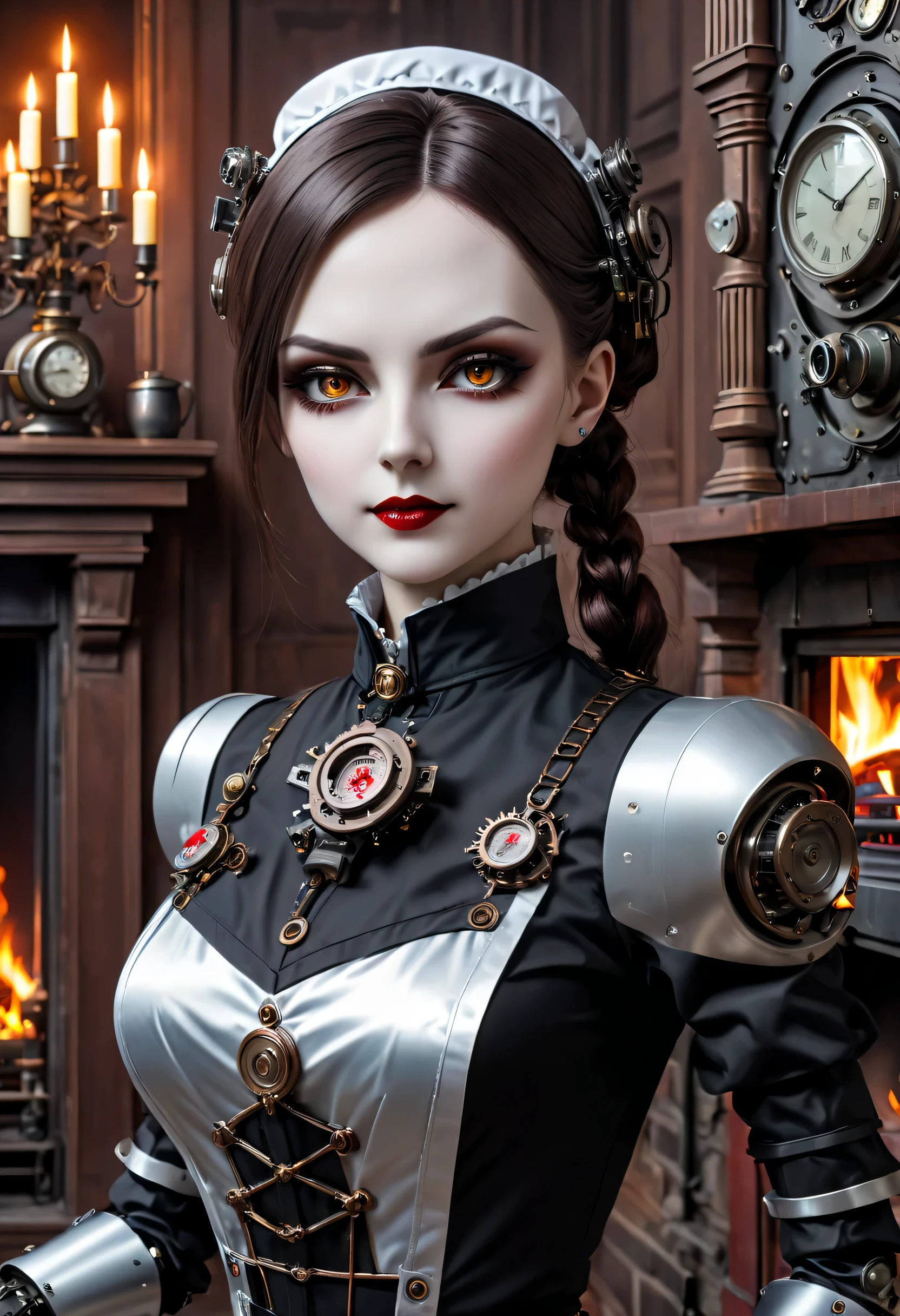 cybernetic female vampire,Female vampire robot butler, Metal mechanical surface，Mechanical joint，Female robot wearing housekeeper uniform,Female robot housekeeper is responsible for handling various household chores with fireplace in the background，sofe，Victorian style, steampunc,