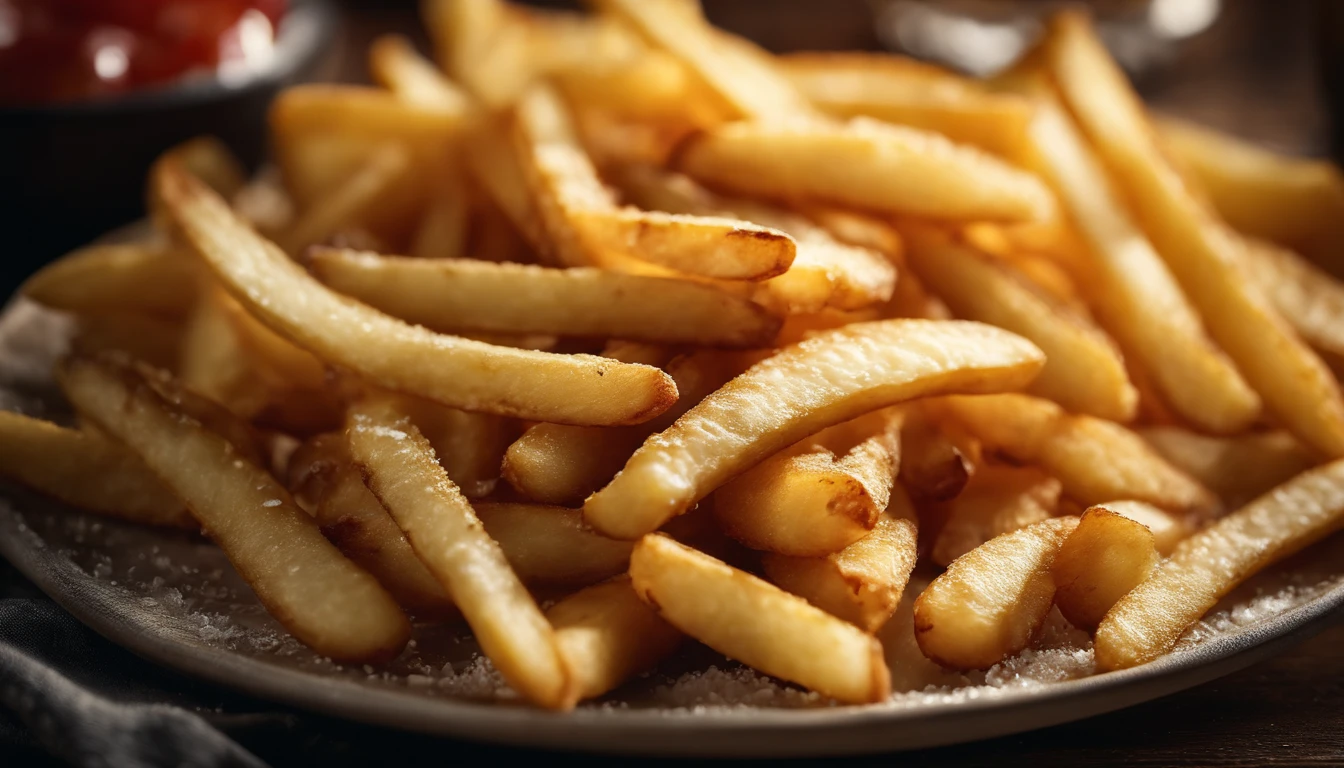 A high-resolution image of a plate of crispy, golden french fries, with the salt crystals glistening on their surface, capturing the irresistible appeal of this classic potato dish