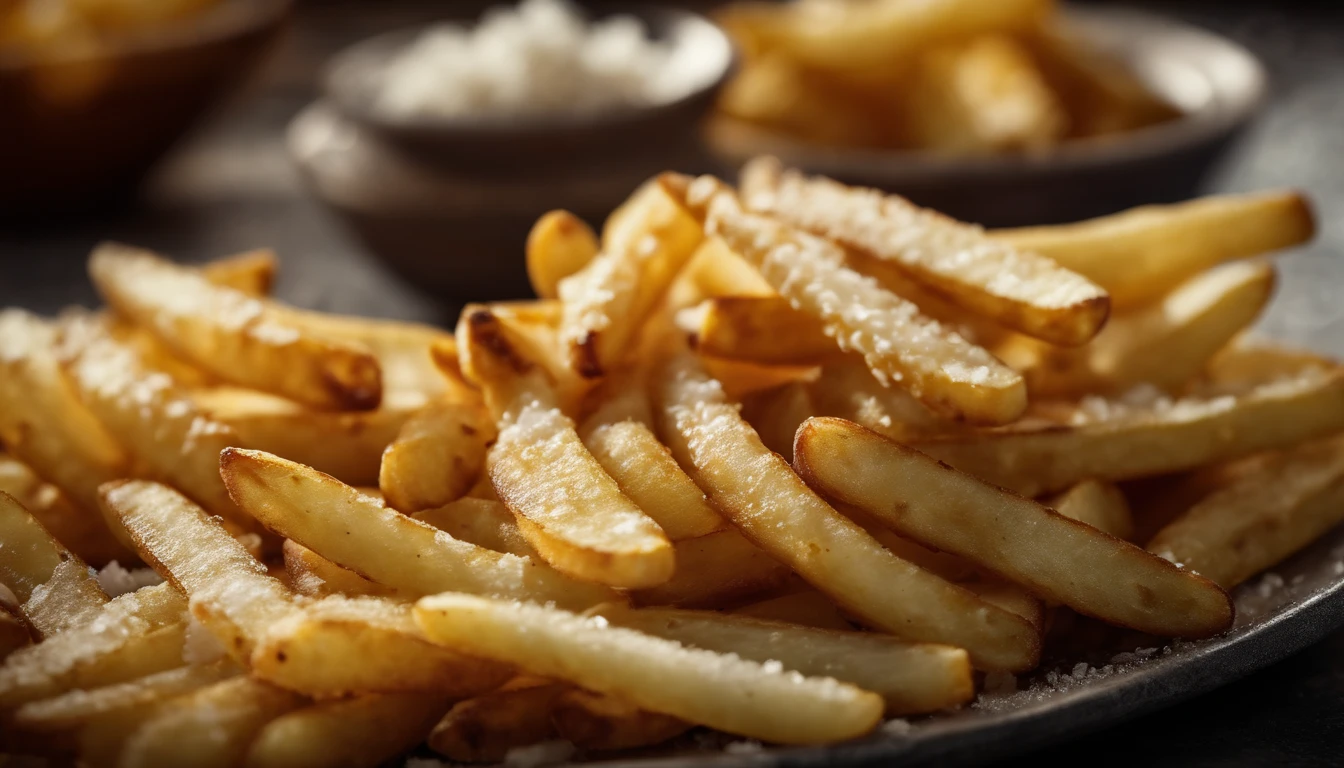 A high-resolution image of a plate of crispy, golden french fries, with the salt crystals glistening on their surface, capturing the irresistible appeal of this classic potato dish