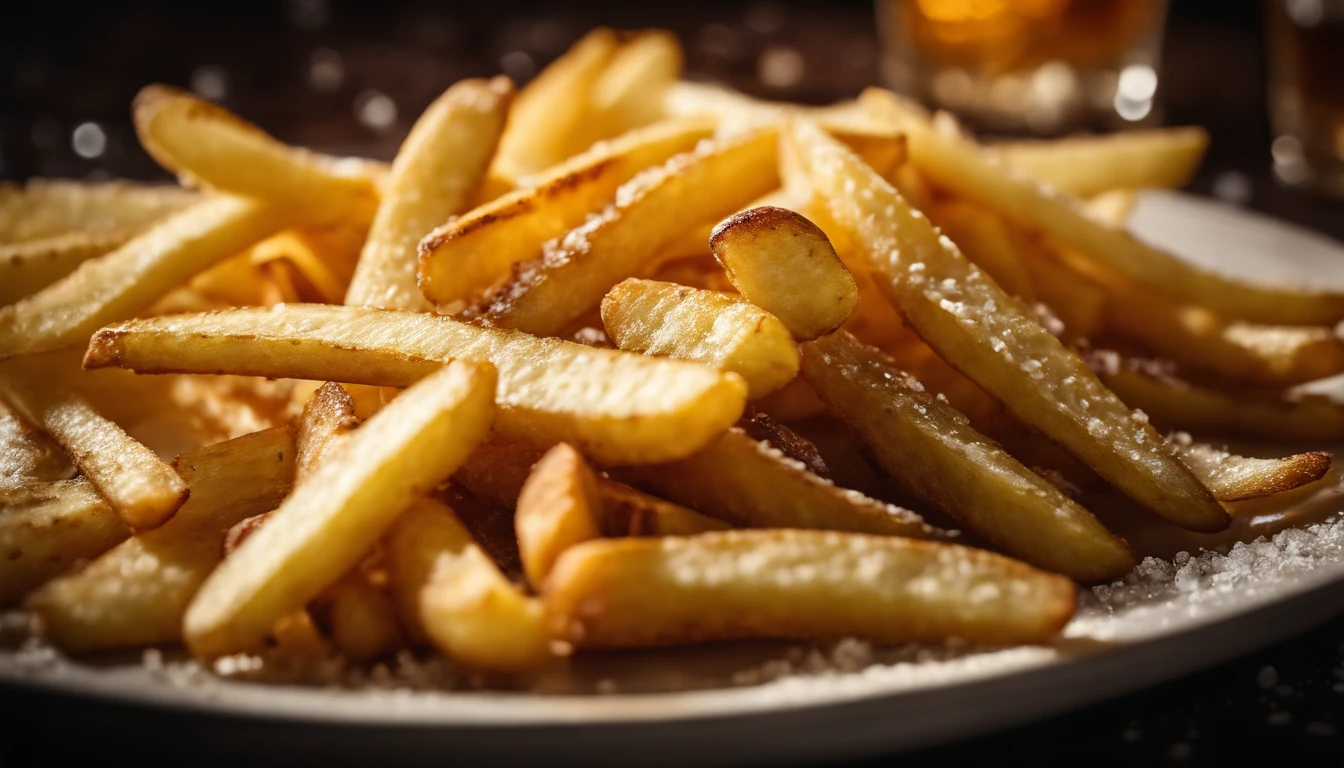 A high-resolution image of a plate of crispy, golden french fries, with the salt crystals glistening on their surface, capturing the irresistible appeal of this classic potato dish