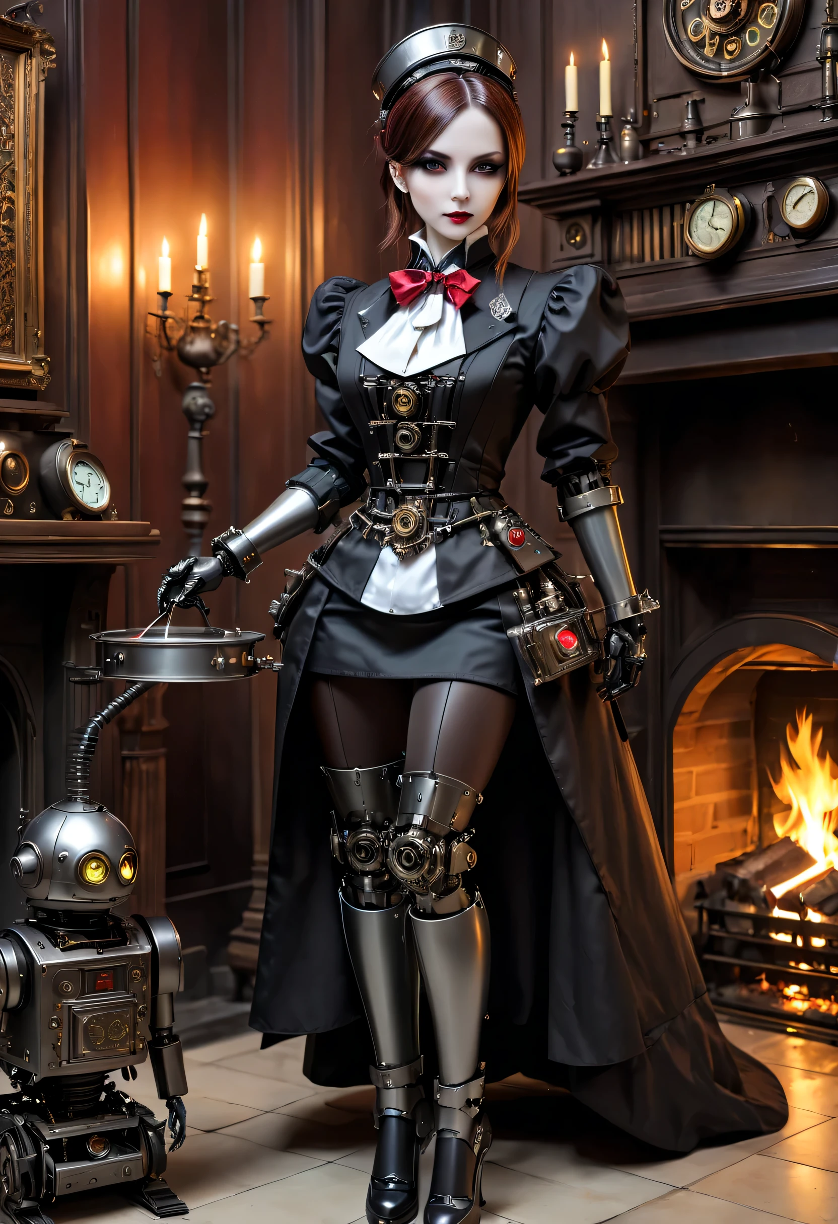 cybernetic female vampire,Female vampire robot butler, Metal mechanical surface，Mechanical joint，Female robot wearing housekeeper uniform,Female robot housekeeper is responsible for handling various household chores with fireplace in the background，sofe，Victorian style, steampunc,