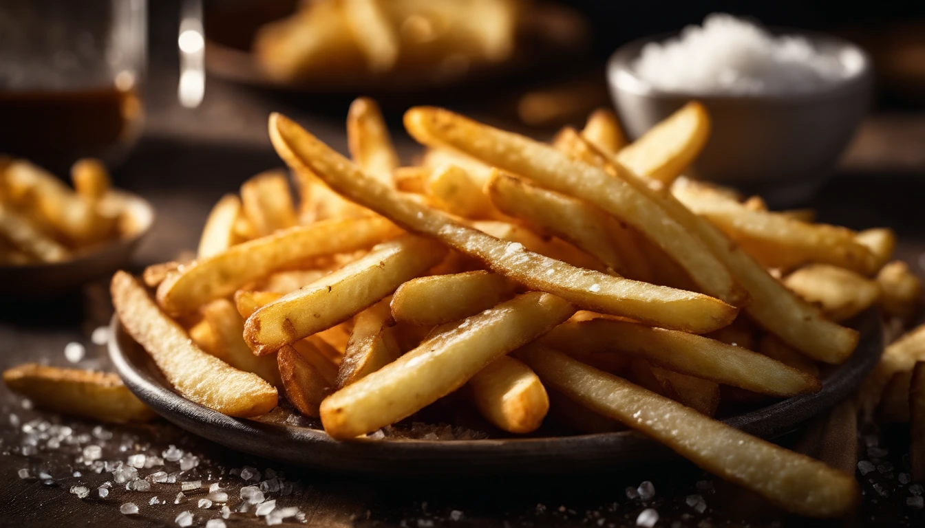 A high-resolution image of a plate of crispy, golden french fries, with the salt crystals glistening on their surface, capturing the irresistible appeal of this classic potato dish