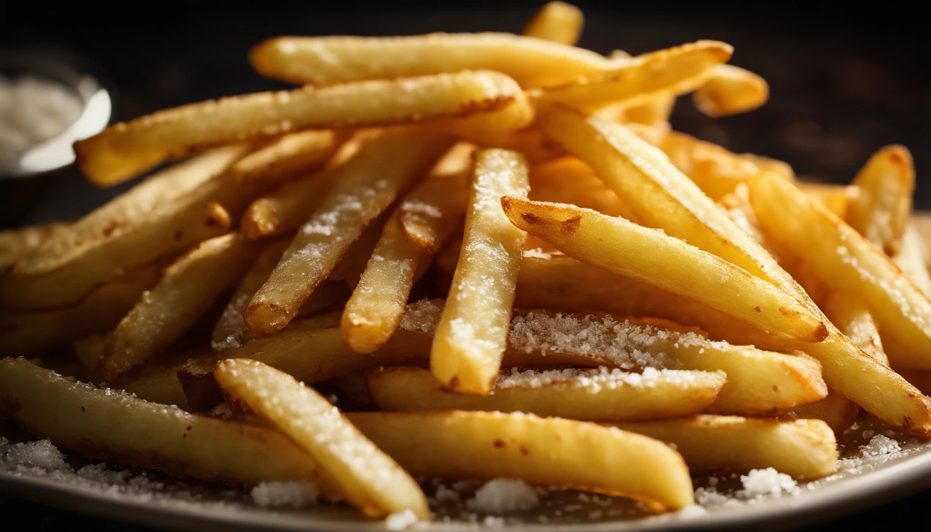 A high-resolution image of a plate of crispy, golden french fries, with the salt crystals glistening on their surface, capturing the irresistible appeal of this classic potato dish