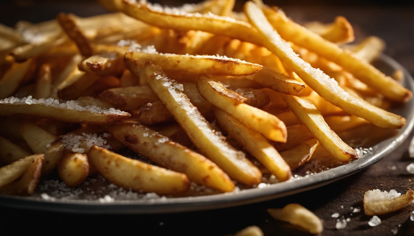 A high-resolution image of a plate of crispy, golden french fries, with the salt crystals glistening on their surface, capturing the irresistible appeal of this classic potato dish