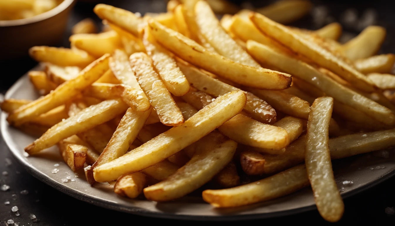 A high-resolution image of a plate of crispy, golden french fries, with the salt crystals glistening on their surface, capturing the irresistible appeal of this classic potato dish