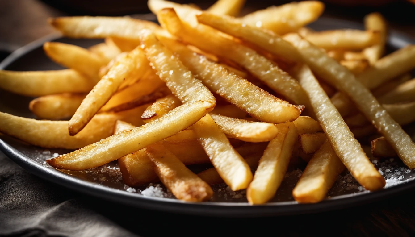 A high-resolution image of a plate of crispy, golden french fries, with the salt crystals glistening on their surface, capturing the irresistible appeal of this classic potato dish
