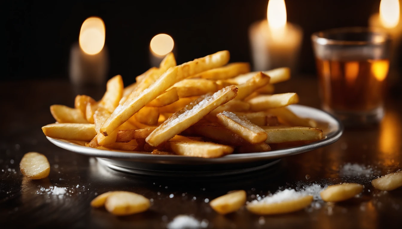 A high-resolution image of a plate of crispy, golden french fries, with the salt crystals glistening on their surface, capturing the irresistible appeal of this classic potato dish