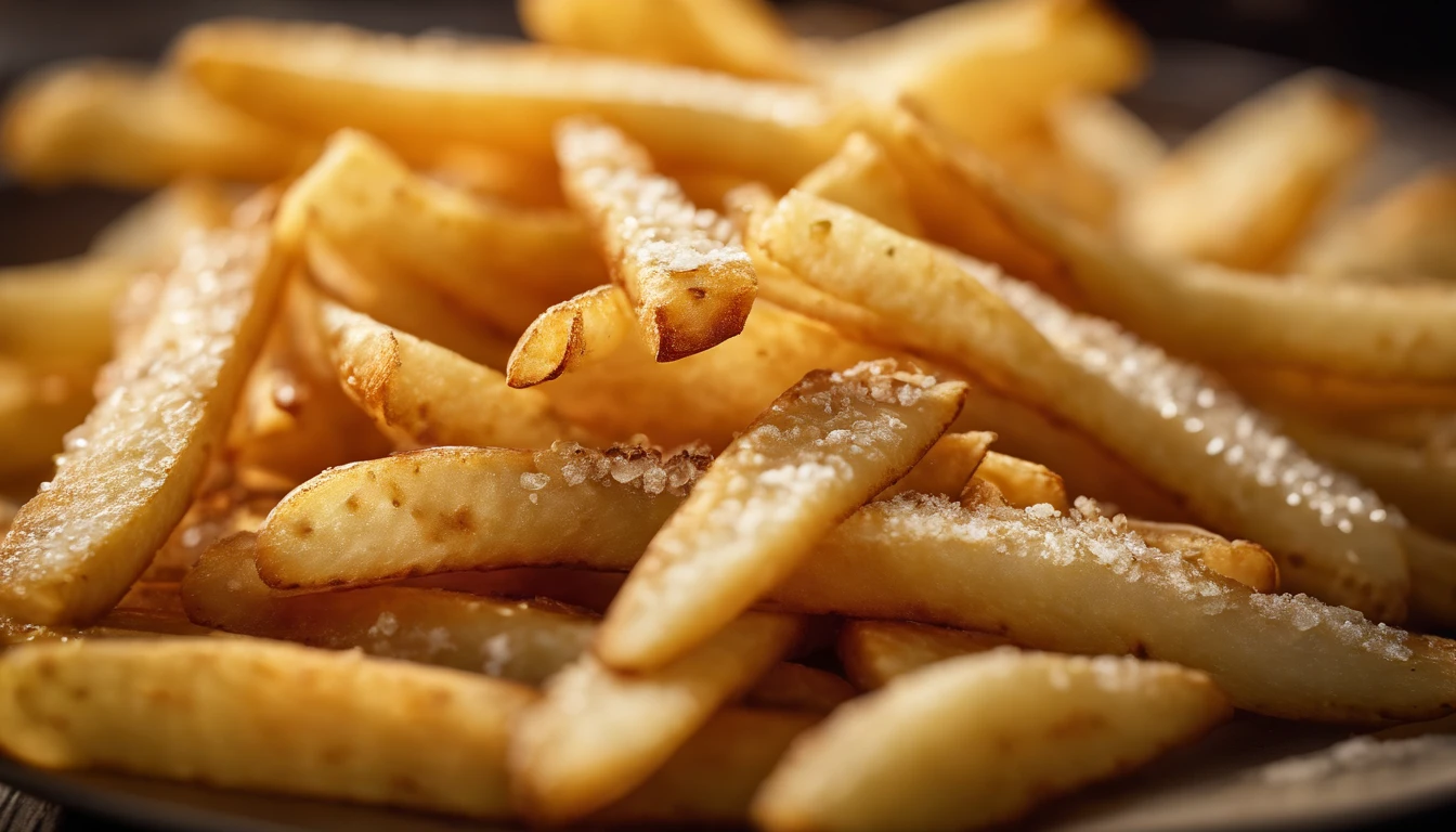 A high-resolution image of a plate of crispy, golden french fries, with the salt crystals glistening on their surface, capturing the irresistible appeal of this classic potato dish