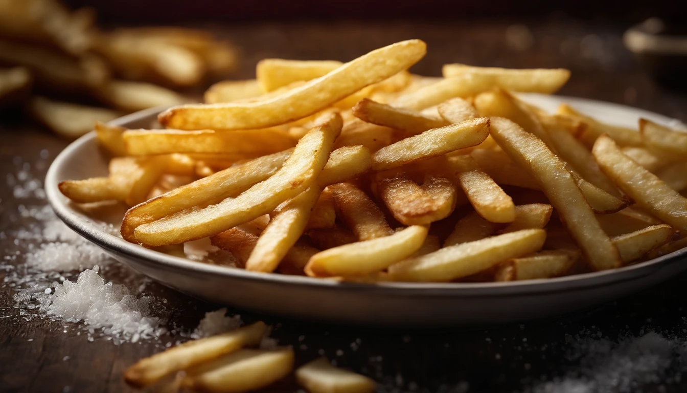 A high-resolution image of a plate of crispy, golden french fries, with the salt crystals glistening on their surface, capturing the irresistible appeal of this classic potato dish