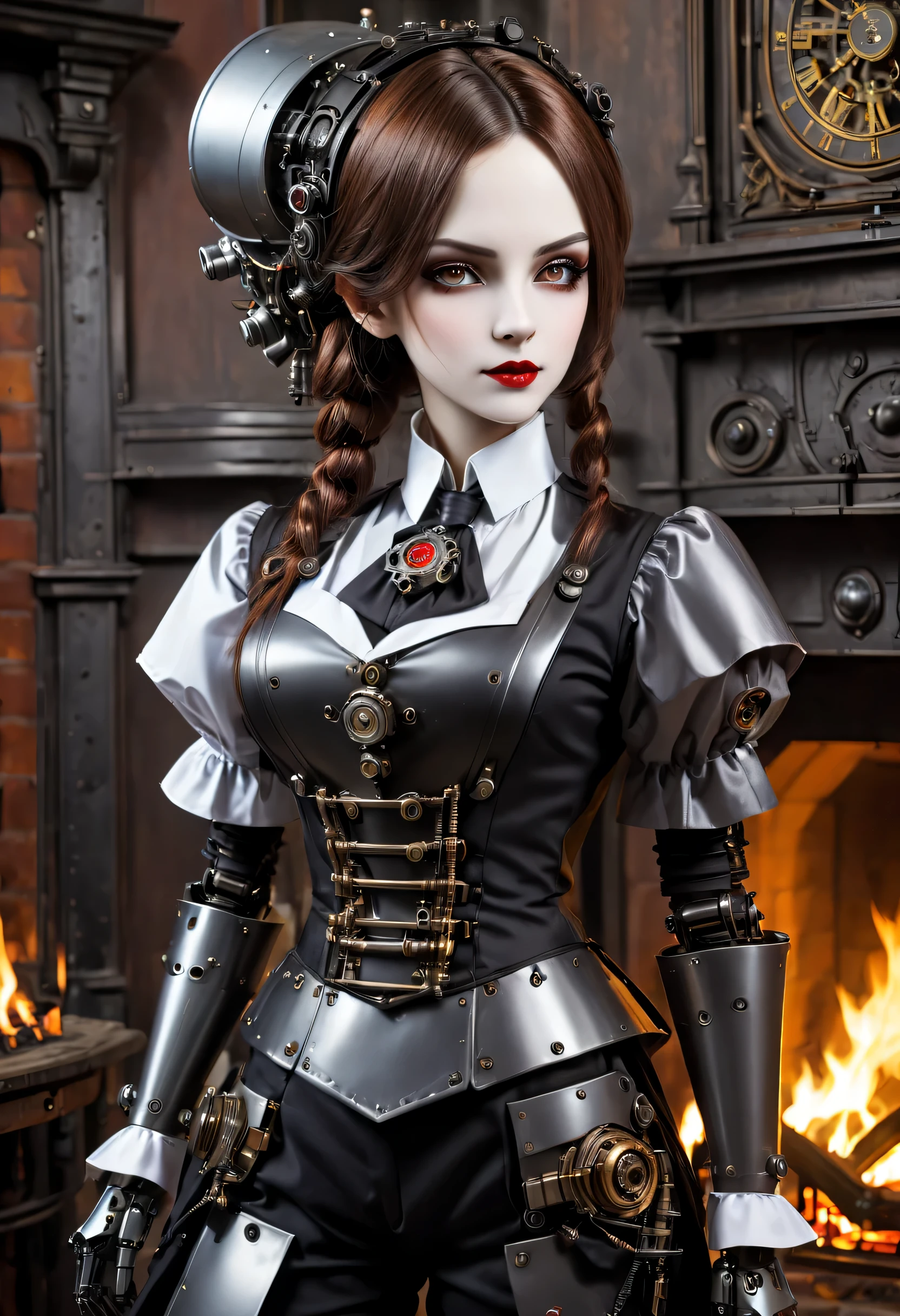 cybernetic female vampire,Female vampire robot butler, Metal mechanical surface，Mechanical joint，Female robot wearing housekeeper uniform,Female robot housekeeper is responsible for handling various household chores with fireplace in the background，sofe，Victorian style, steampunc,