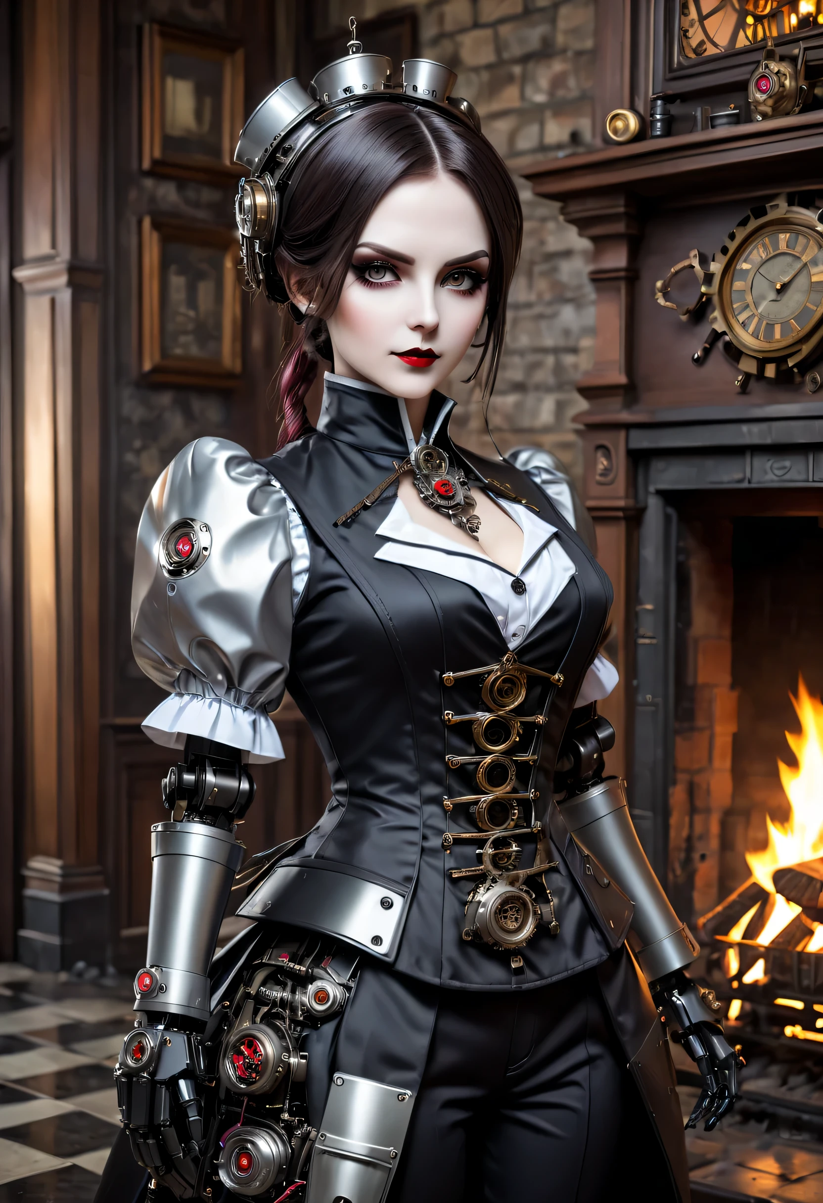 cybernetic female vampire,Female vampire robot butler, Metal mechanical surface,Mechanical joint,Female robot wearing housekeeper uniform,Female robot housekeeper is responsible for handling various household chores with fireplace in the background,sofe,Victorian style, steampunc,
