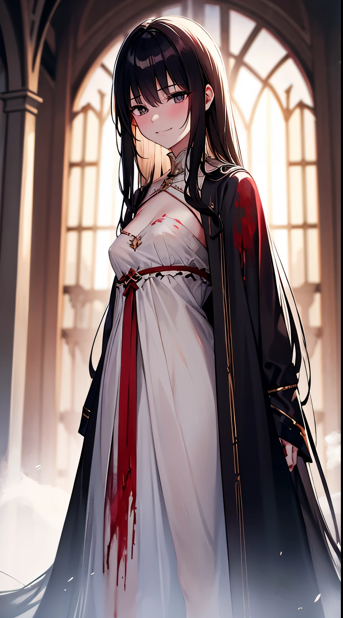 [[[ ultra-detailed, best quality, soft skin, beautiful, 4K]]], portrait, black eyes, black hair, flowing hair, princess clothes, bloodied clothes, red and white clothes, destroyed throne room background, blood sky, evil, sinister, smirking, scheming, hardened expression, blood, fit body, standing up, bathing in blood.