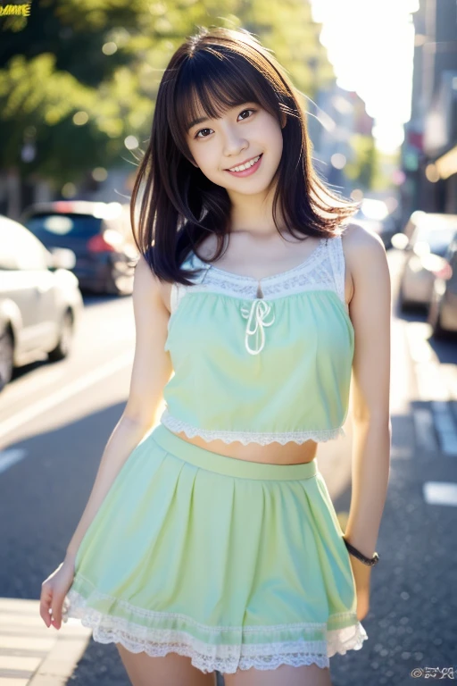 highest quality, High resolution, realistic pictures, detailed skin texture, ((Cute 12 year old Japanese girl wearing a micro mini skirt)), view audience, slim body shape, charming gaze, Fair skin, baby face, (flat chest:1.2), long straight hair, flower hair ornament, (:1.2)