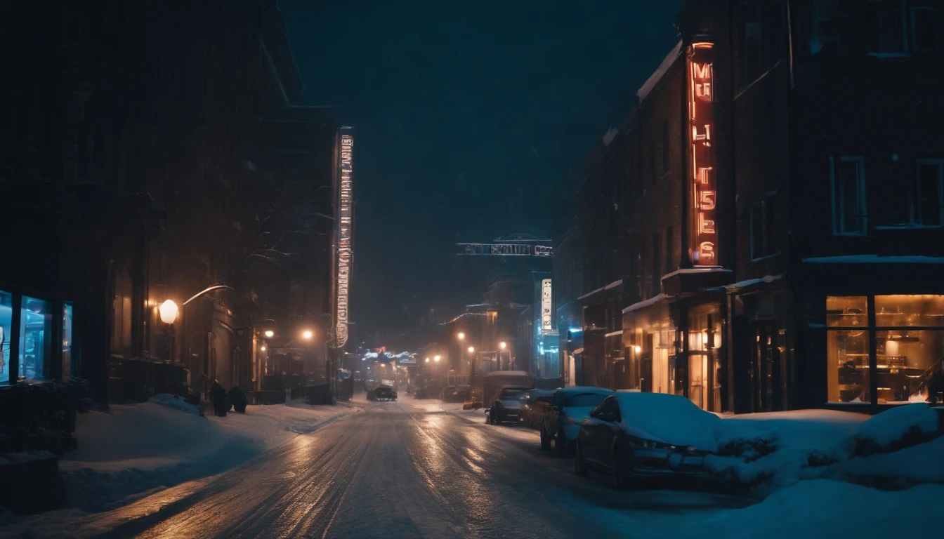 A nighttime cityscape covered in snow, with neon lights reflecting off the icy streets and creating a visually striking and energetic winter background.