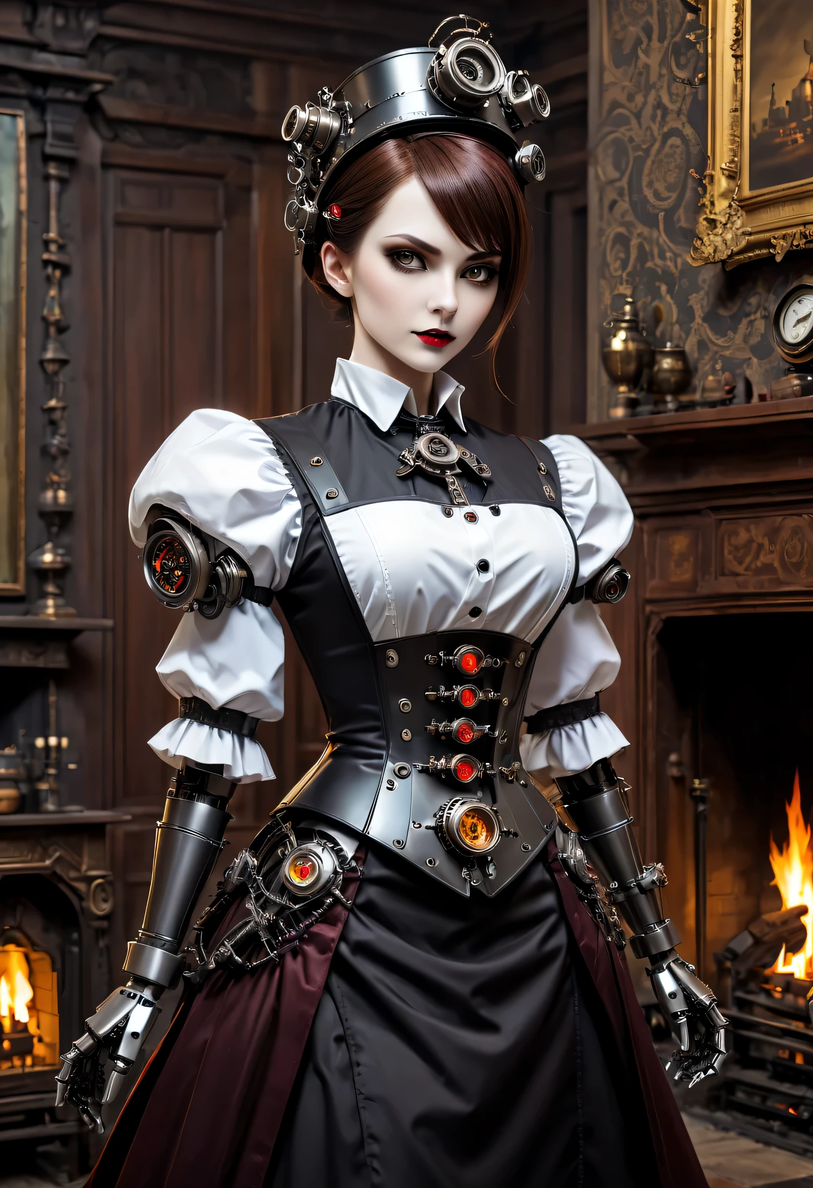 cybernetic female vampire,Female vampire robot butler, Metal mechanical surface,Mechanical joint,Female robot wearing housekeeper uniform,Female robot housekeeper is responsible for handling various household chores with fireplace in the background,sofe,Victorian style, steampunc,